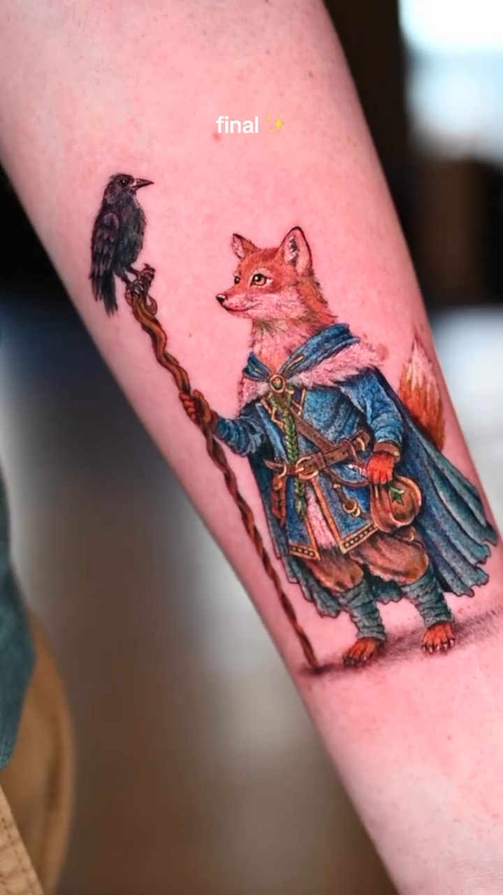Anthropomorphic fox with a raven realism tattoo by Ori Merchan Tattoo, Kansas City, Missouri