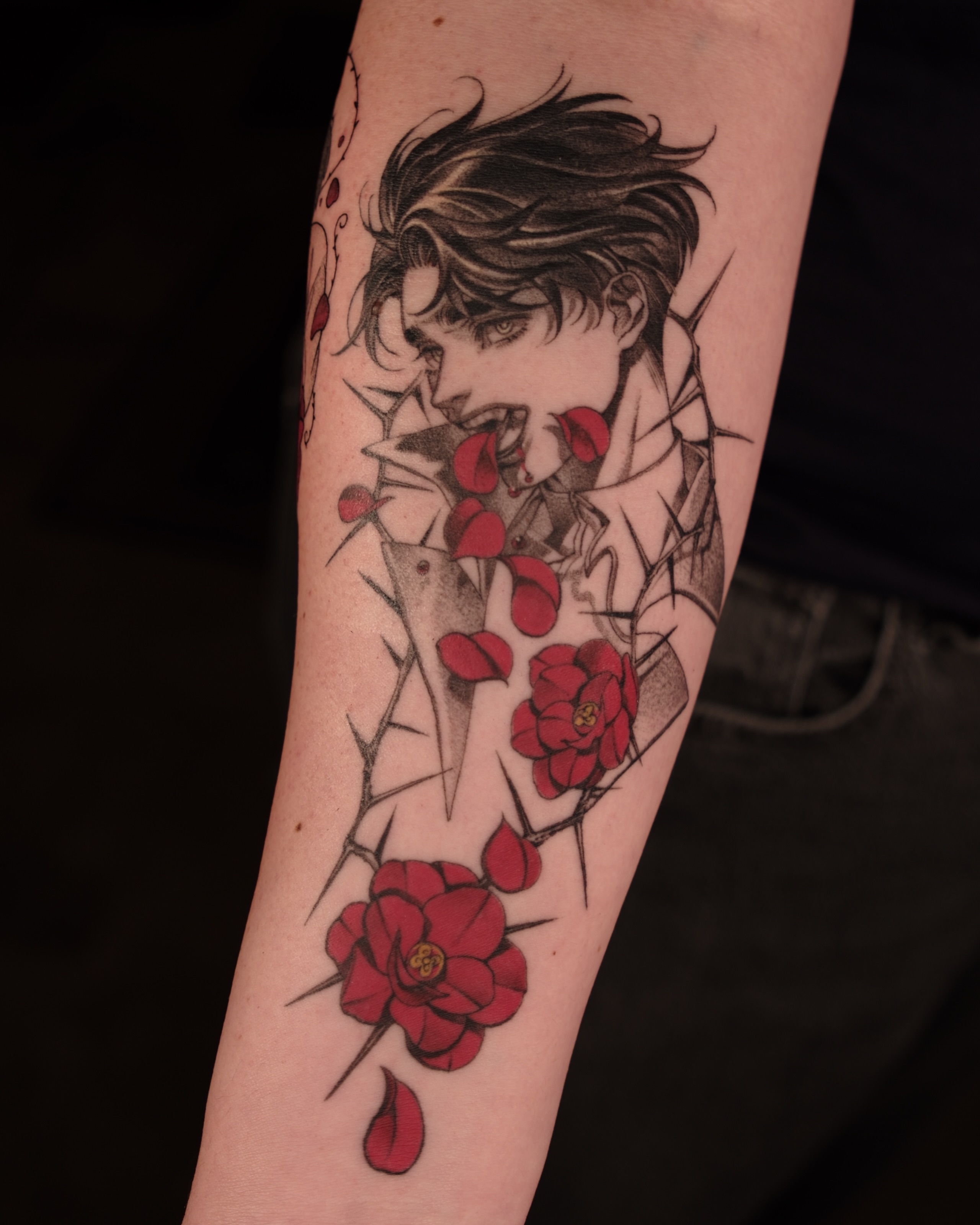 Anime character with flowers anime tattoo on the forearm by Hemi 혜미타투