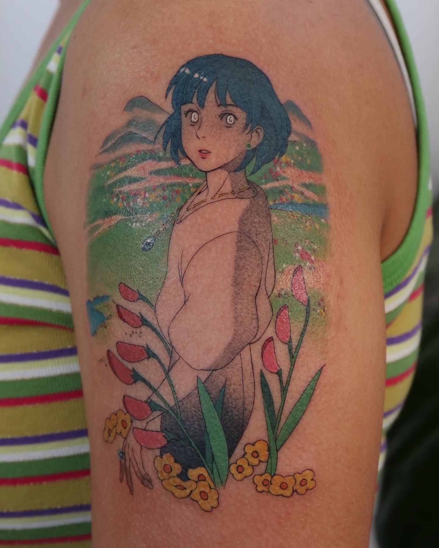 Anime character anime tattoo on the shoulder by Hemi 혜미타투