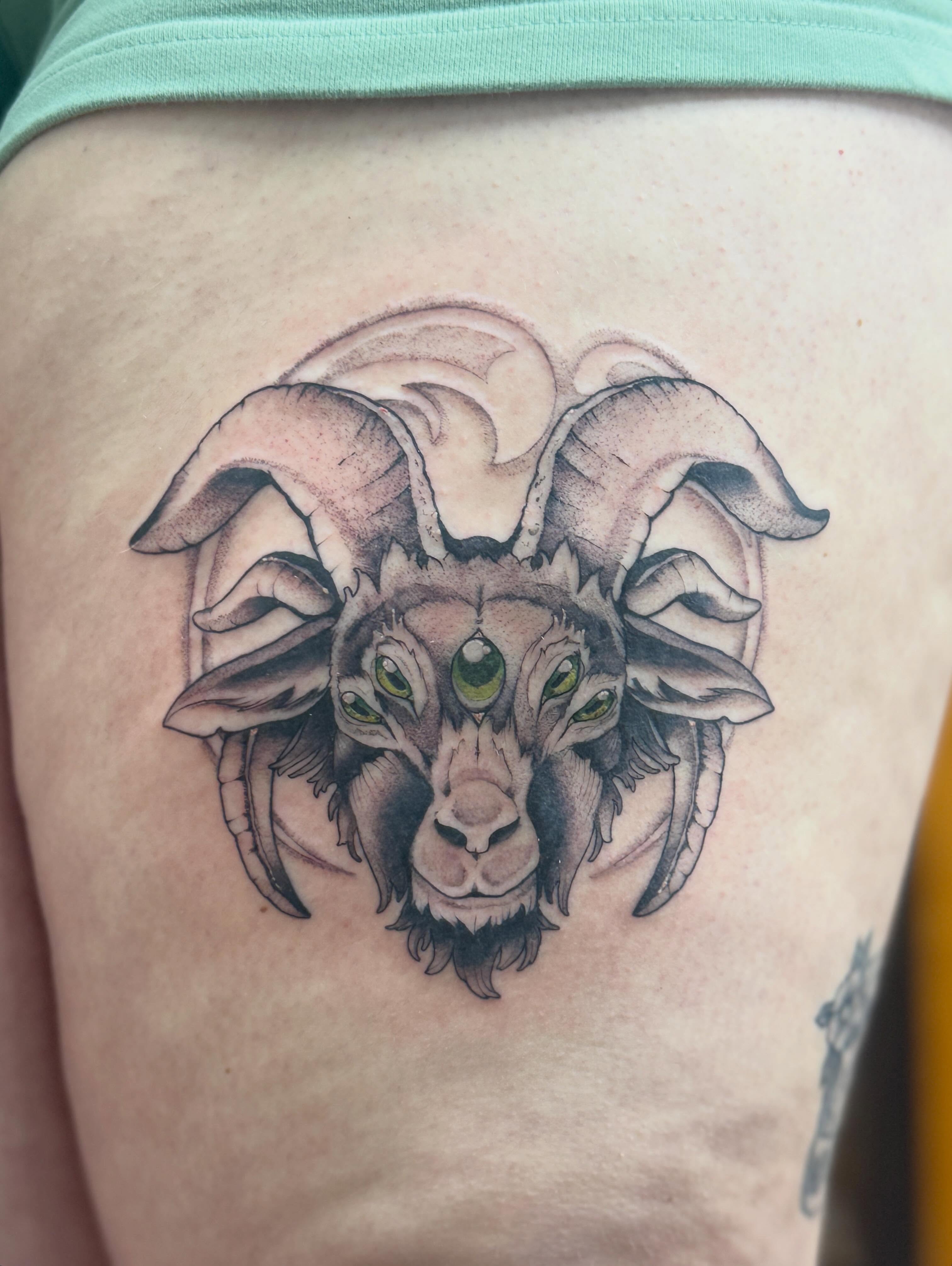 Ram head realism tattoo on the thigh by Rebecca Rose