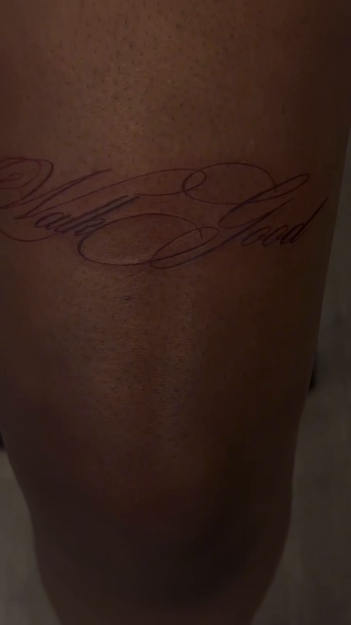 Molly Good script tattoo tattoo on the leg by Miss Moezartt the Multidisciplinary