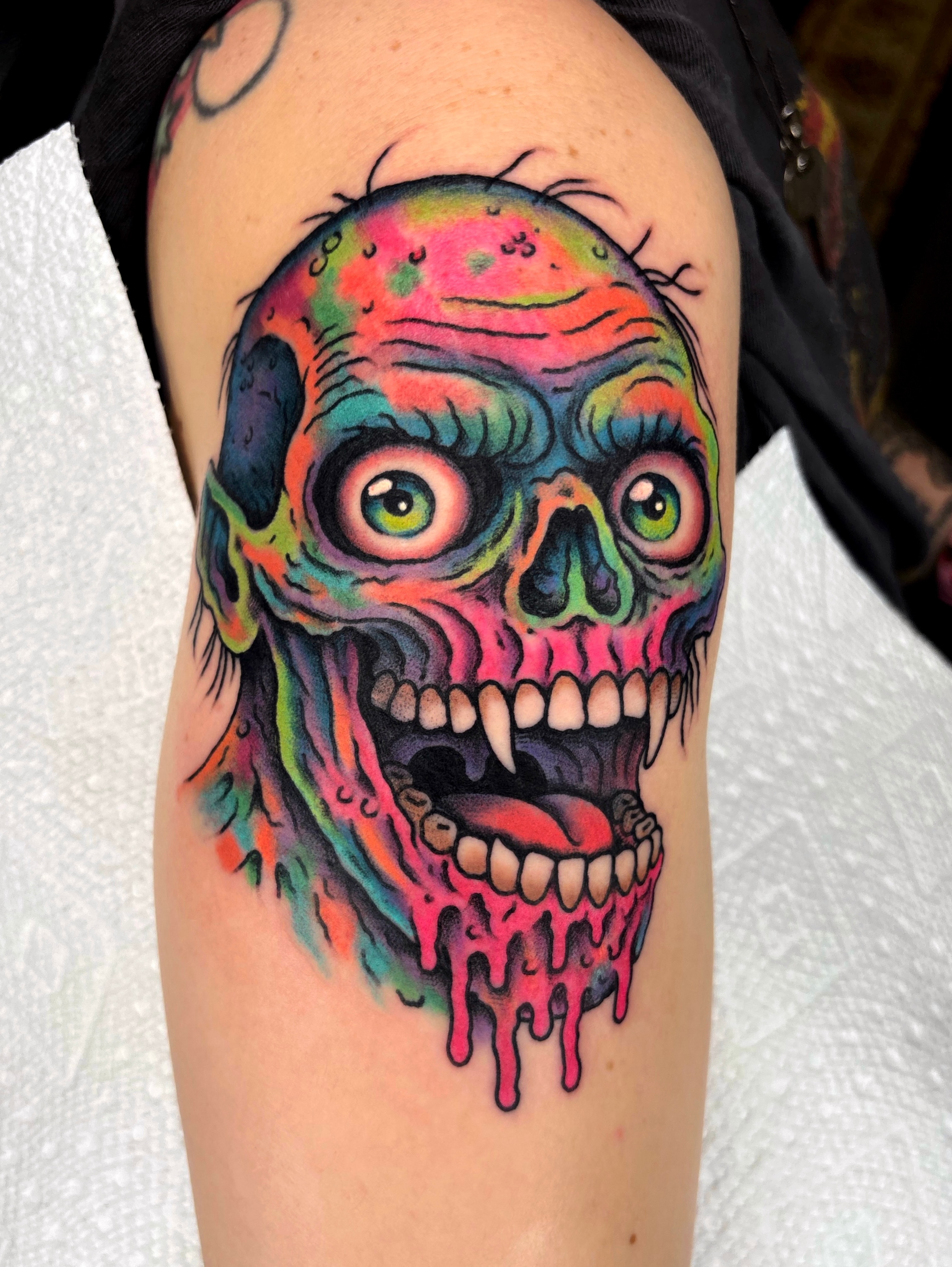 Colorful skull new school tattoo on the thigh by Randy Conner, Portland, Oregon