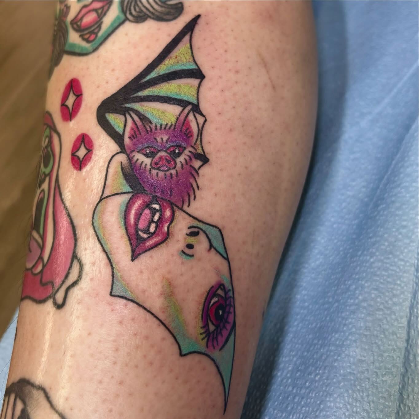 Bat and lips American traditional tattoo on the forearm by Taylor  Thompson