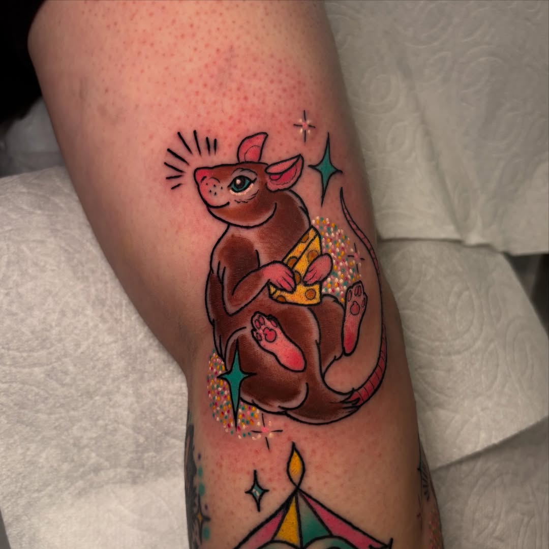 Mouse holding cheese new school tattoo on the forearm by ✨REiD✨
