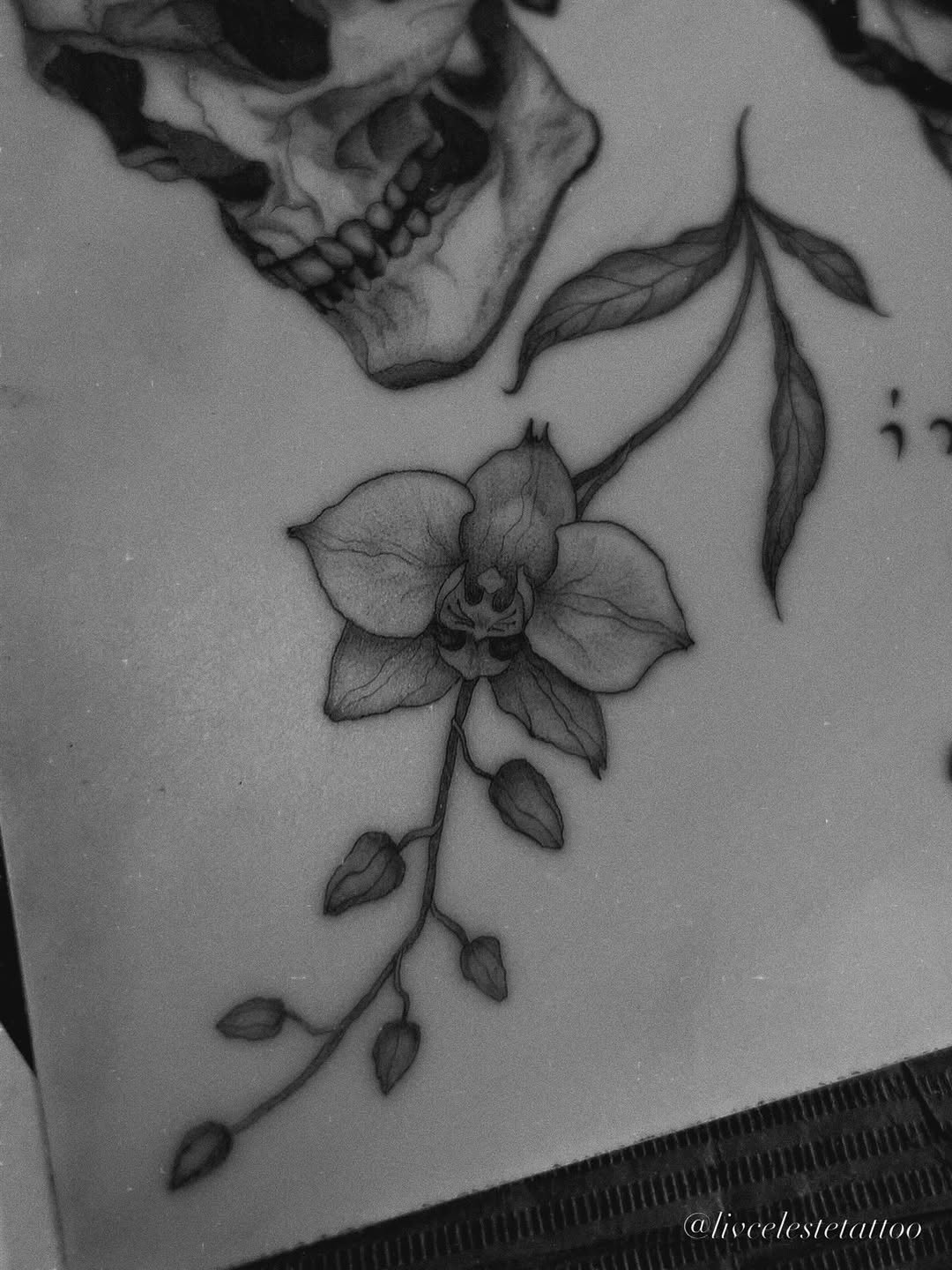 Skull and orchid tattoo on the chest by ༻❁༺ ⟡ 𝑳𝒊𝒗 𝑪𝒆𝒍𝒆𝒔𝒕𝒆 ⟡ ༻❁༺