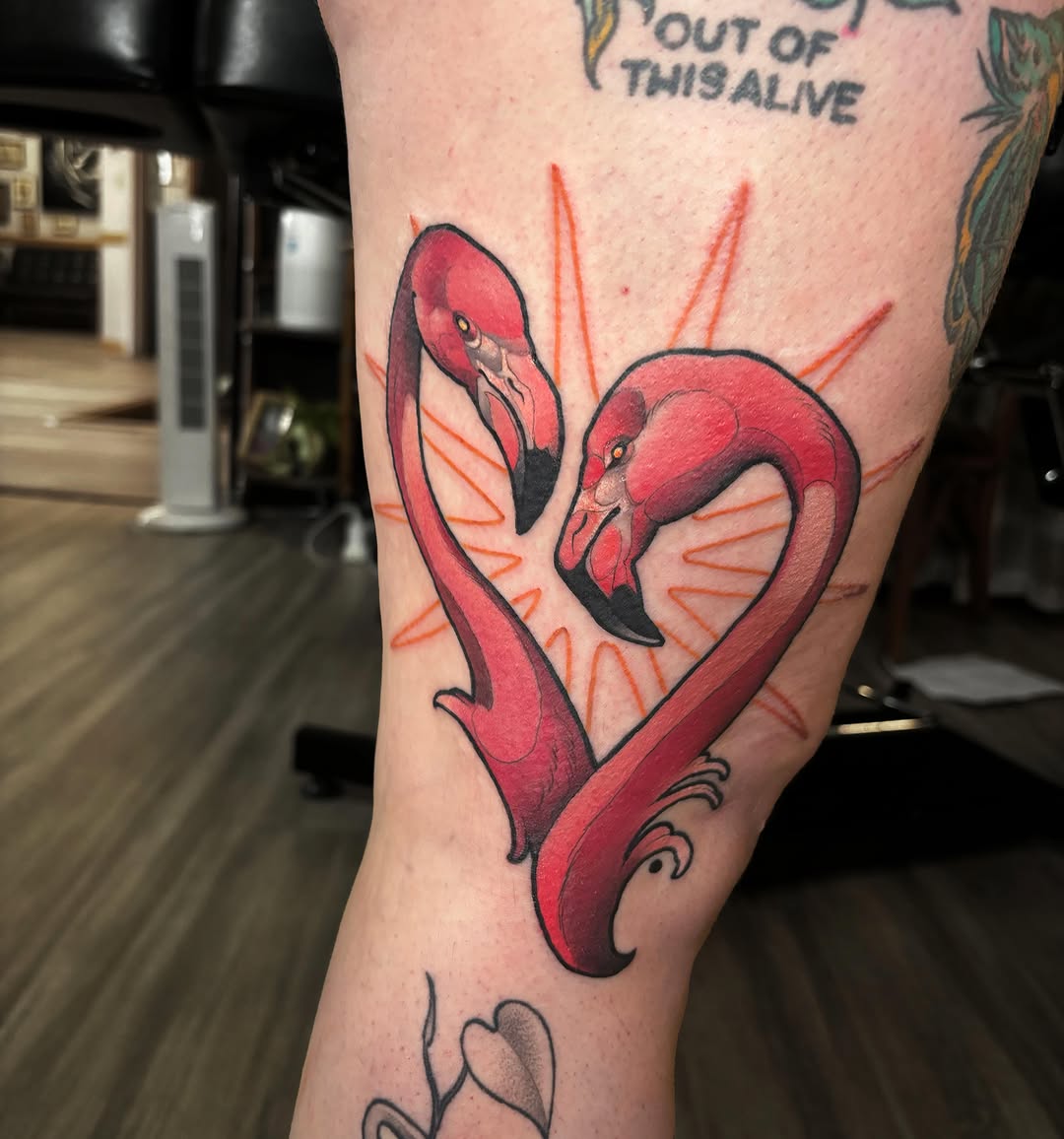 Flamingos American traditional tattoo on the forearm by Alex
