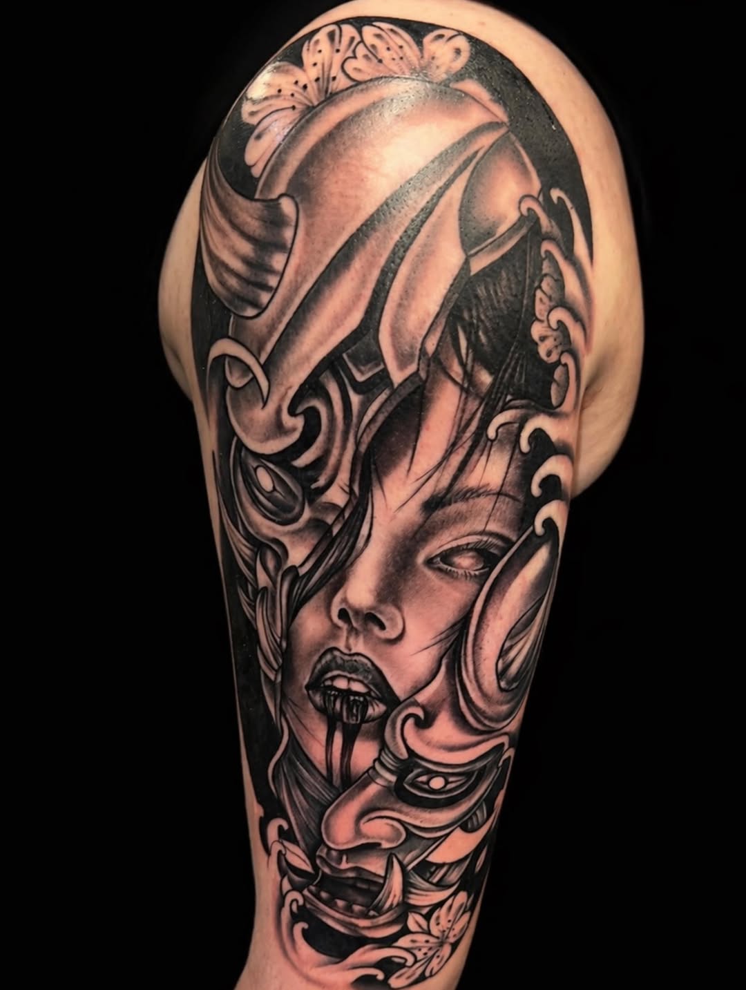 Tattoo by @rickysbangerink โ japanese_irezumi, black_and_grey