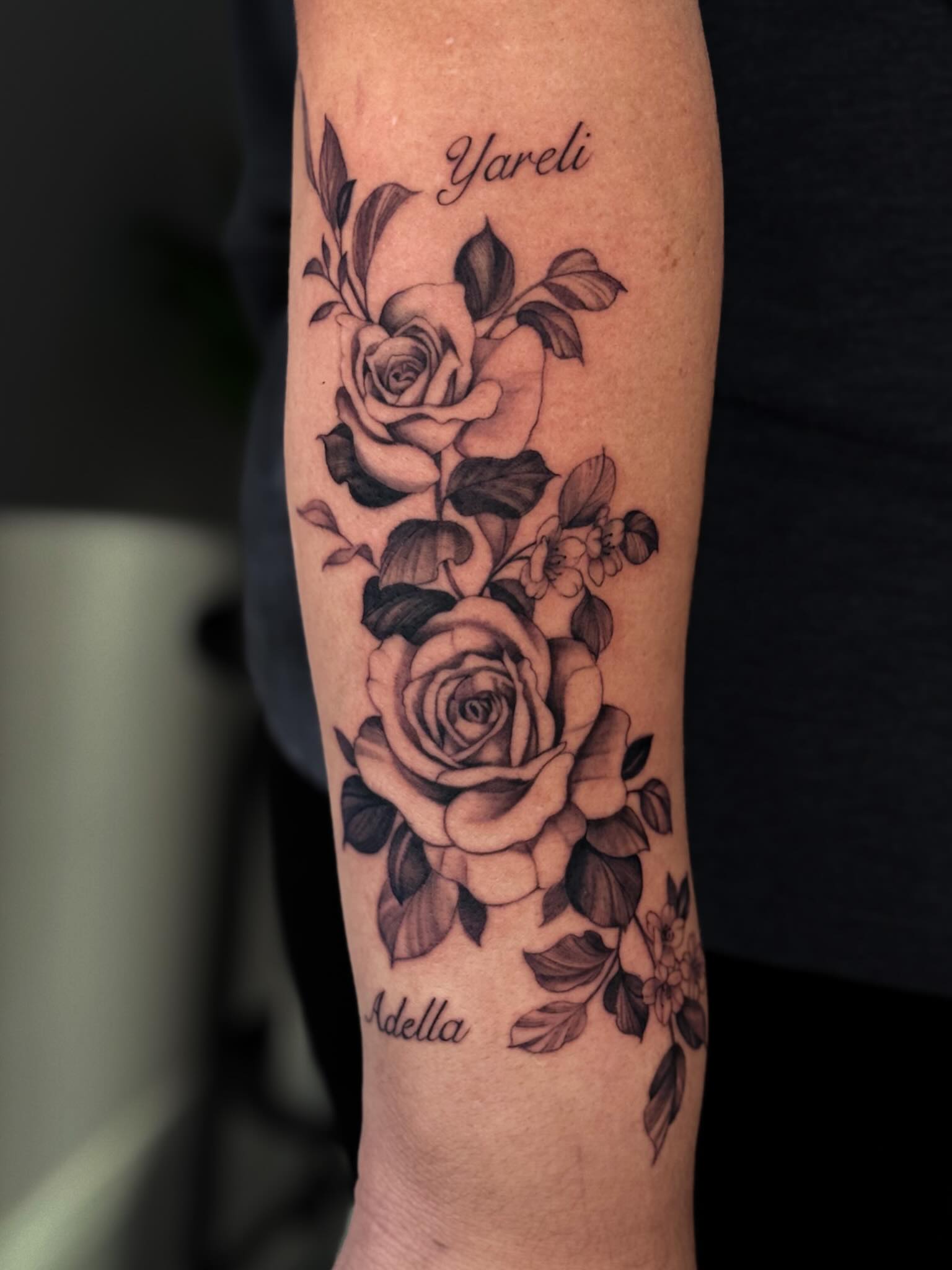 Roses black and grey tattoo on the forearm by ♍️𝒾𝒸𝒽𝑒𝓁𝓁𝑒⁺‧₊˚ ཐི⋆♱⋆ཋྀ ˚₊‧⁺, Charlotte, North Carolina
