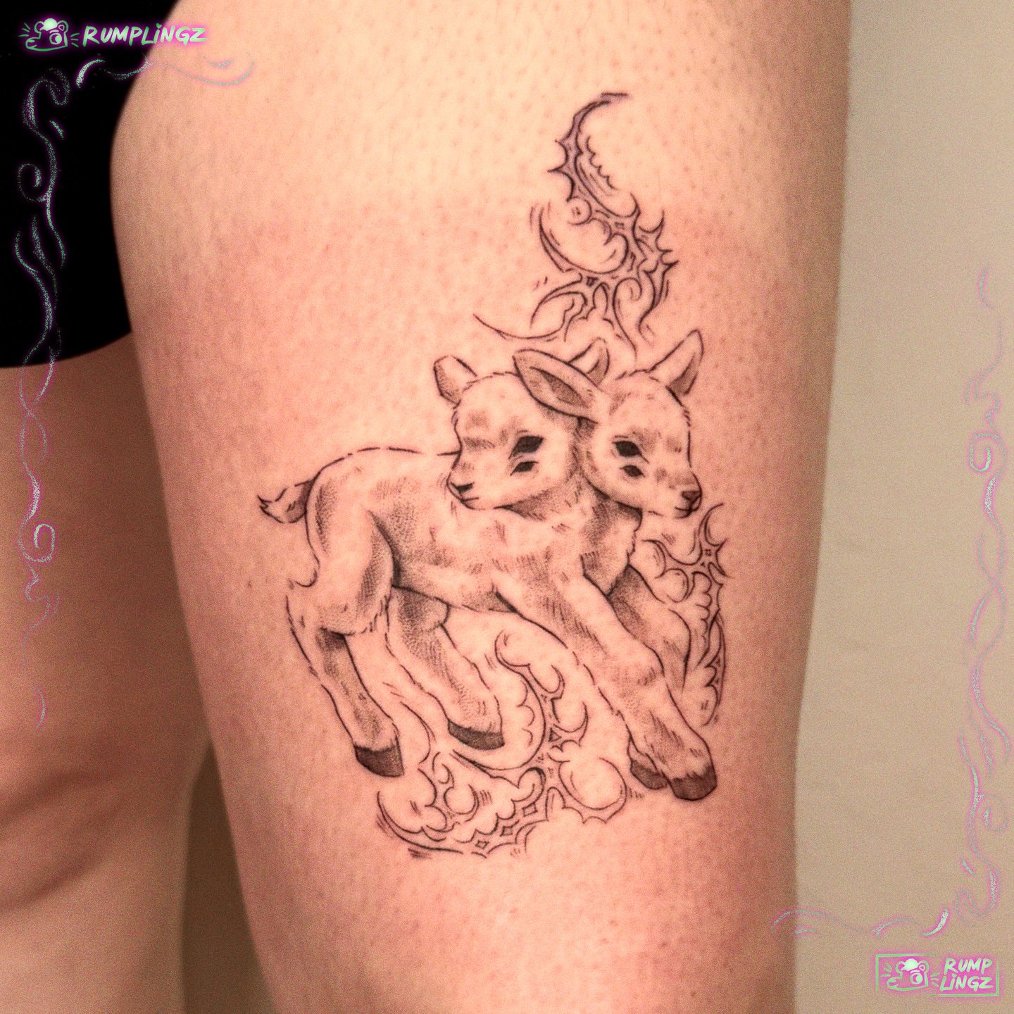 Deer and crescent moon black and grey tattoo on the thigh by 💗Rin tattoos💗