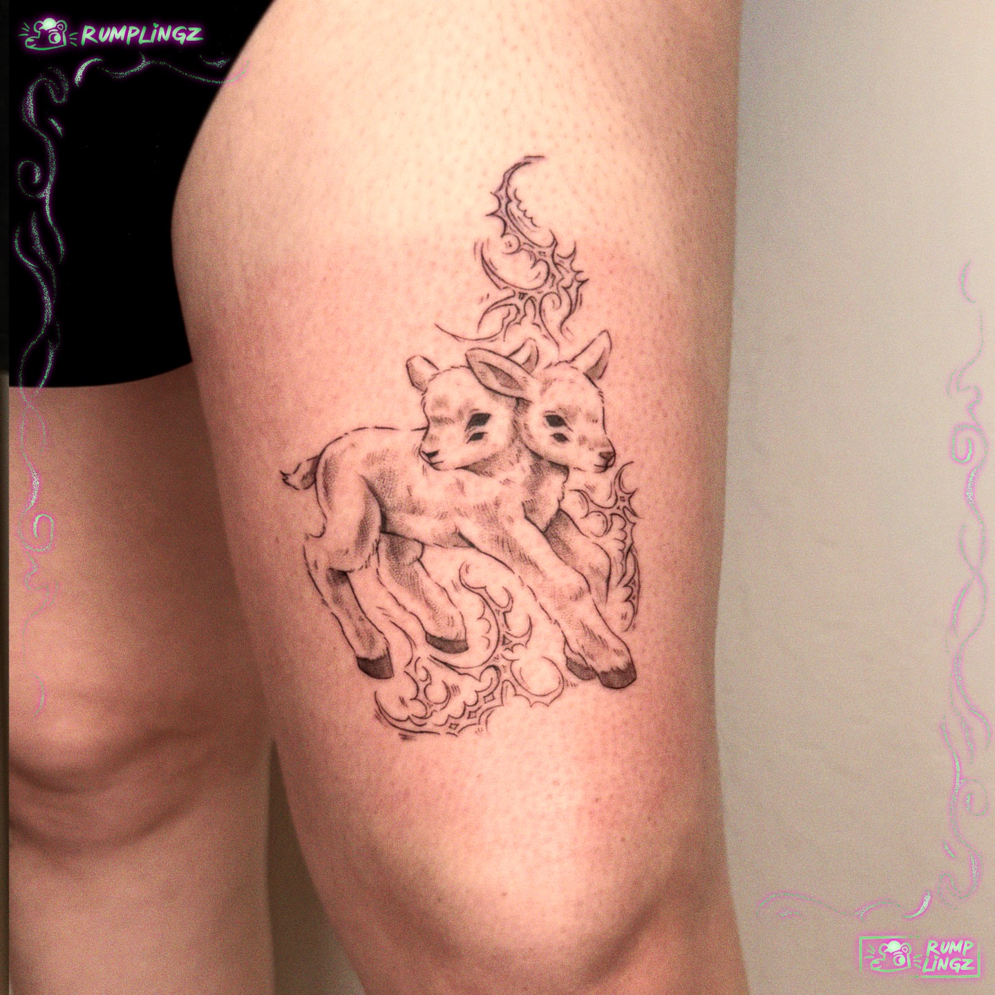 Goats black and grey tattoo on the thigh by 💗Rin tattoos💗