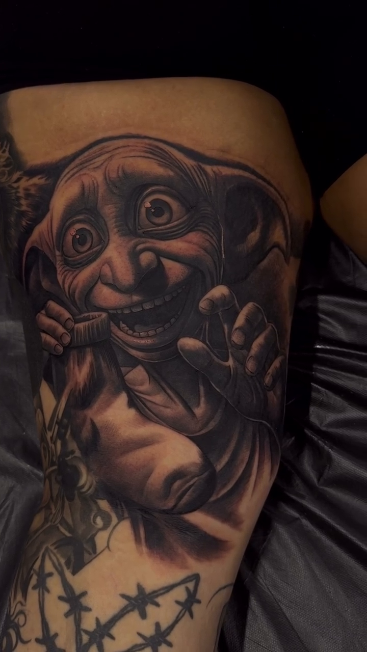 Dobby the house-elf realism tattoo by Dillinger, Ventura, California