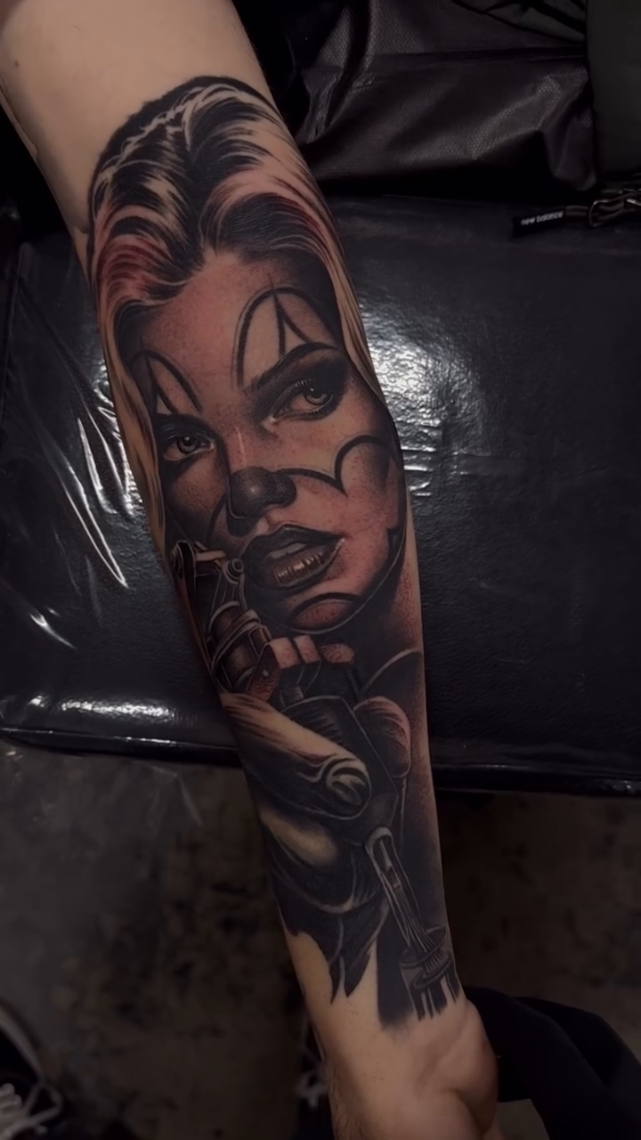 Woman with clown makeup Chicano tattoo by Dillinger, Ventura, California