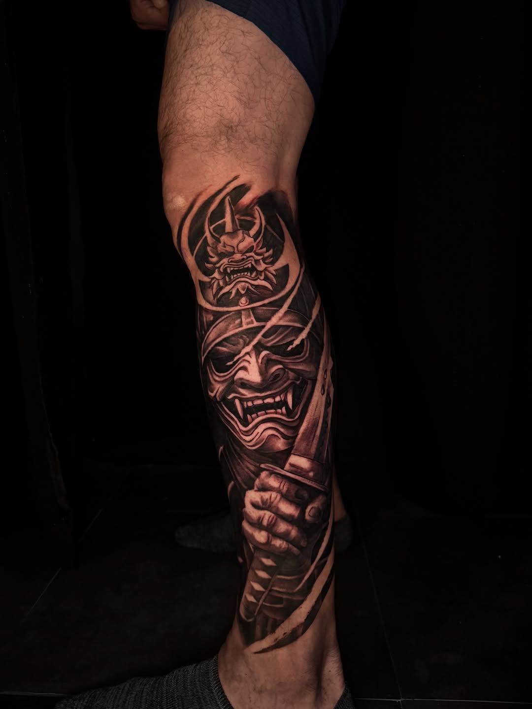Samurai mask and sword realism tattoo on the forearm by Danny Aceves ✨ San Diego tattoo artist