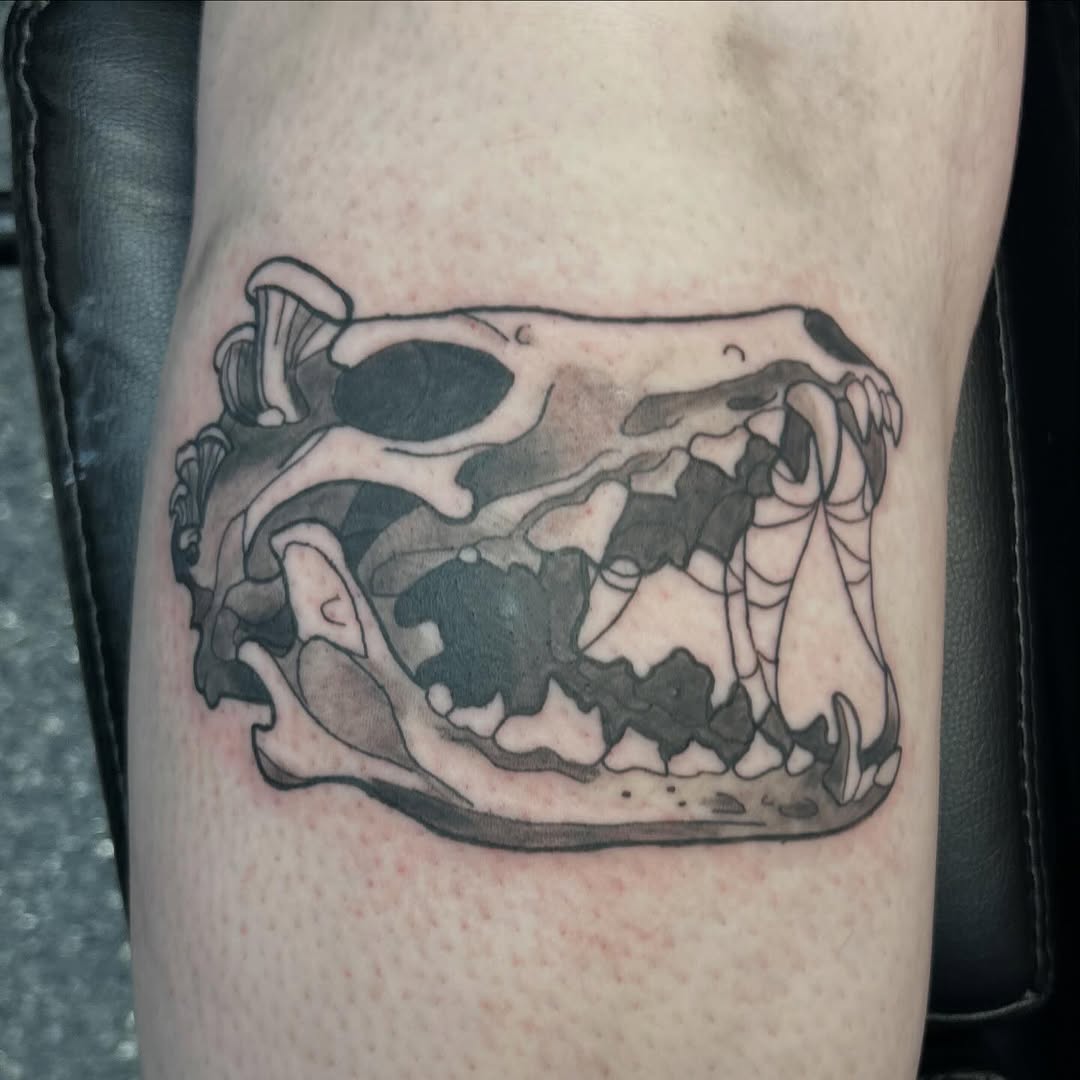 Animal skull with mushrooms realism tattoo on the forearm by Gillian
