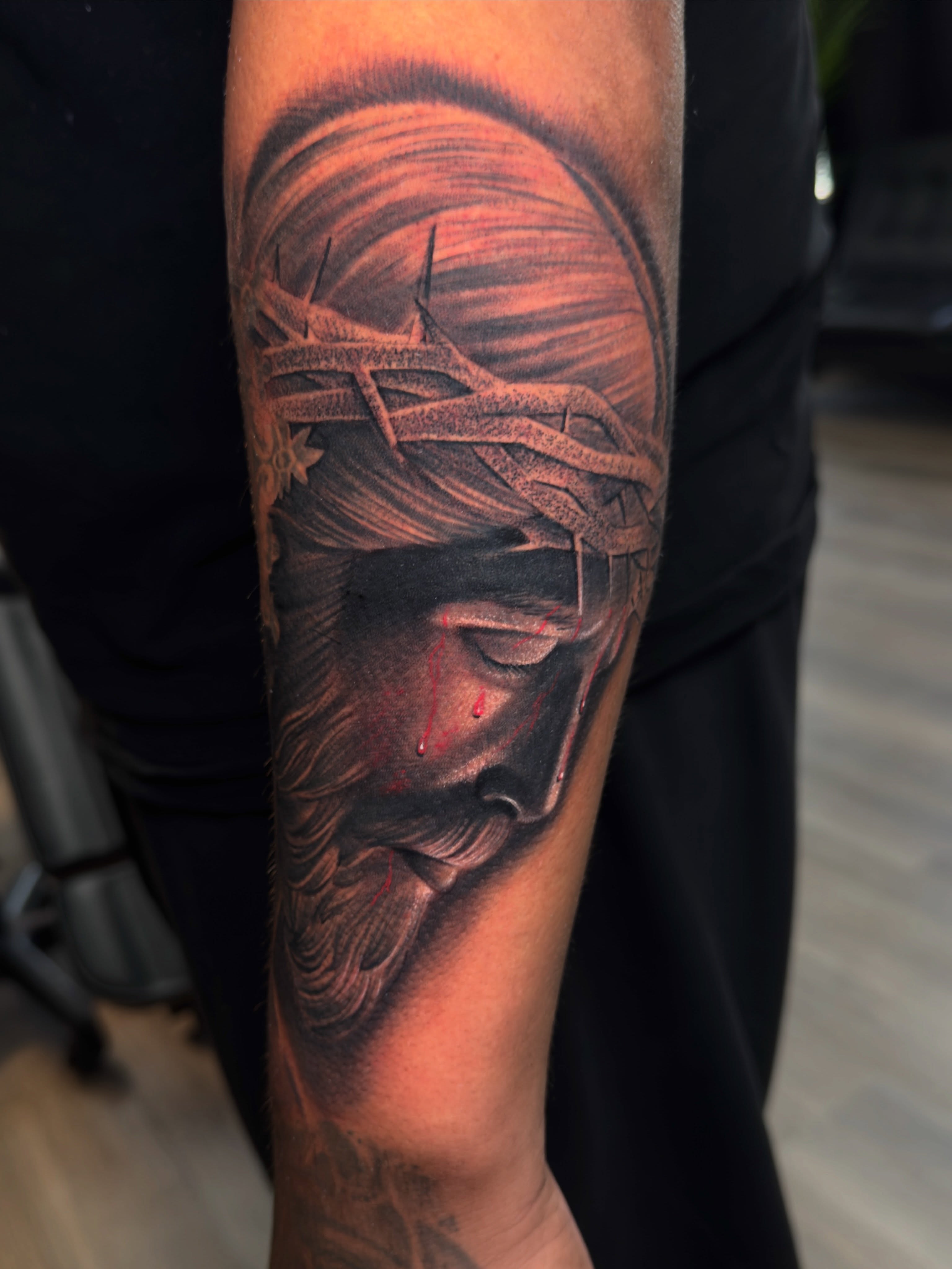 Jesus Christ realism tattoo on the forearm by Dallas tattoo artist, Dallas, Texas