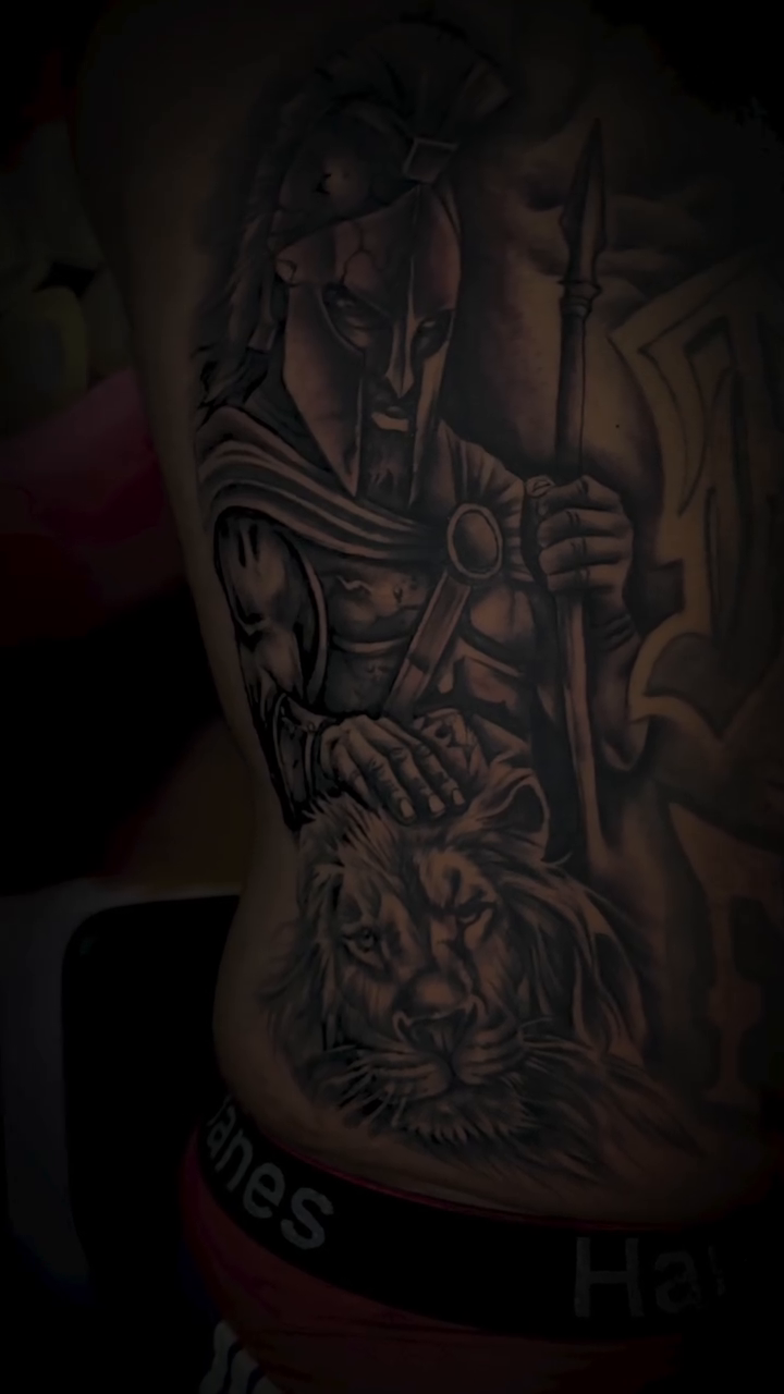 Spartan warrior and lion realism tattoo by Devin Johnson, Forest Park, Georgia