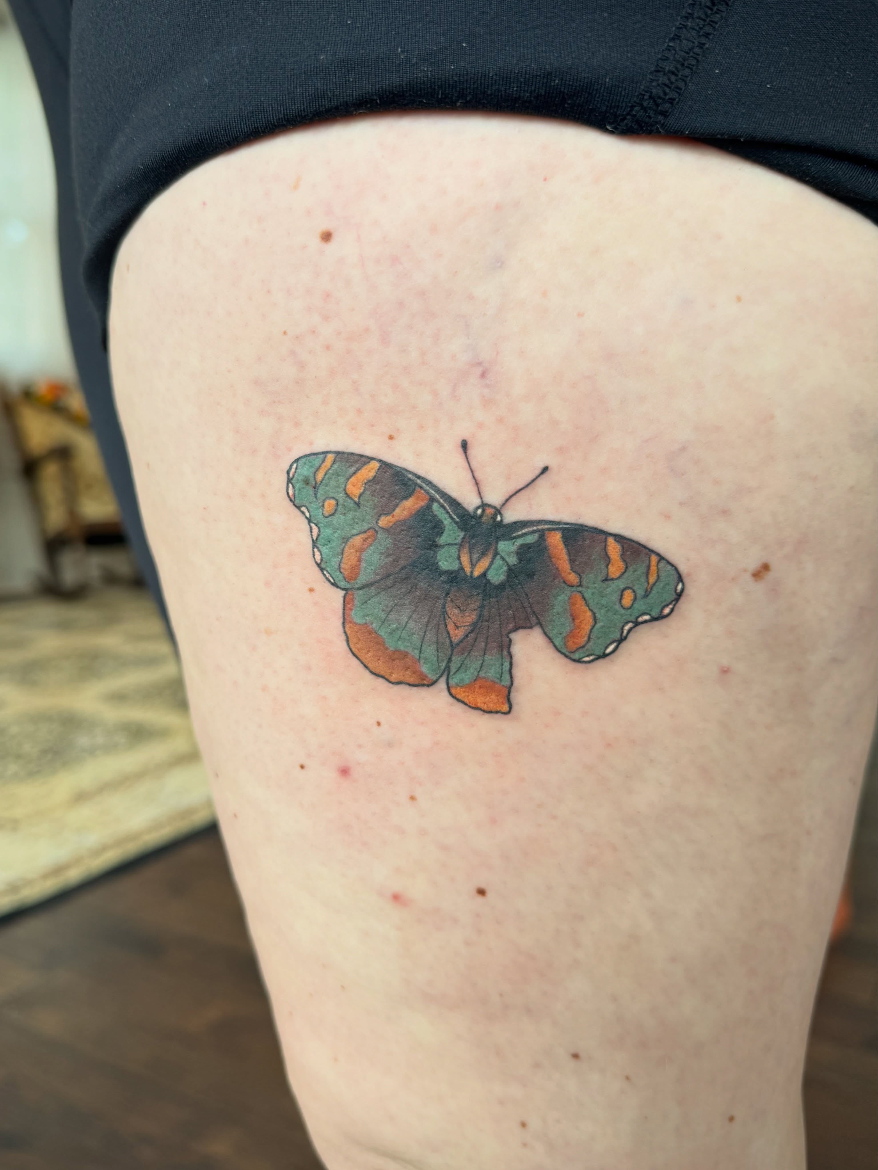 Butterfly realism tattoo on the thigh by Alisa (Li) Affatato ๐ผ