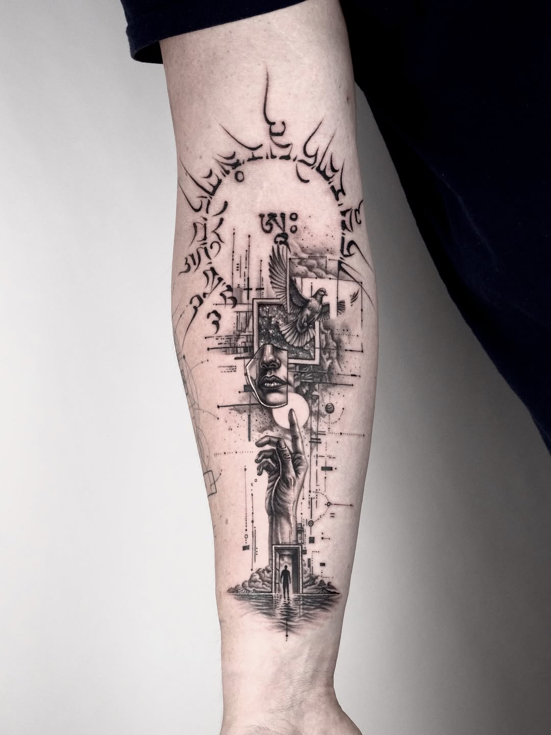 Surreal composition with hand and bird sketch tattoo on the forearm by János Bozóki, Budapest, Hungary