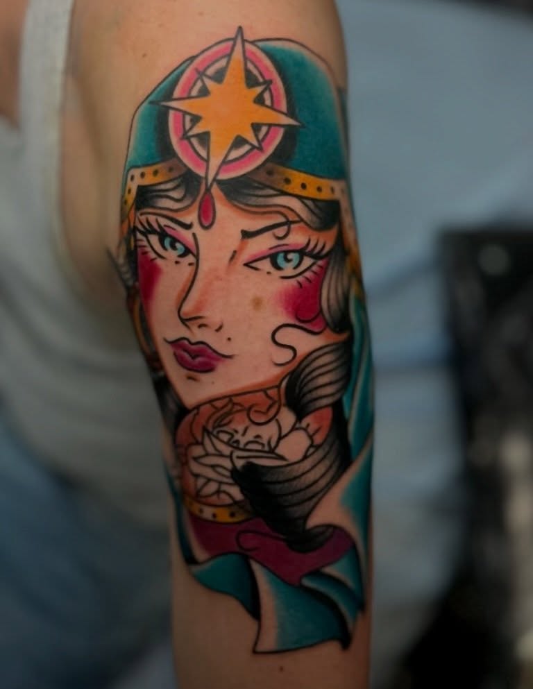Woman with compass neo-traditional tattoo on the forearm by Bre