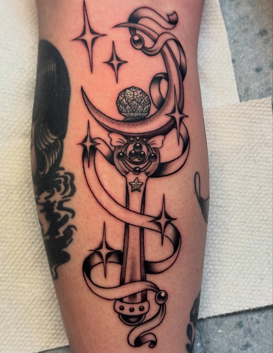 Sailor Moon wand cyber sigilism tattoo on the forearm by Bre