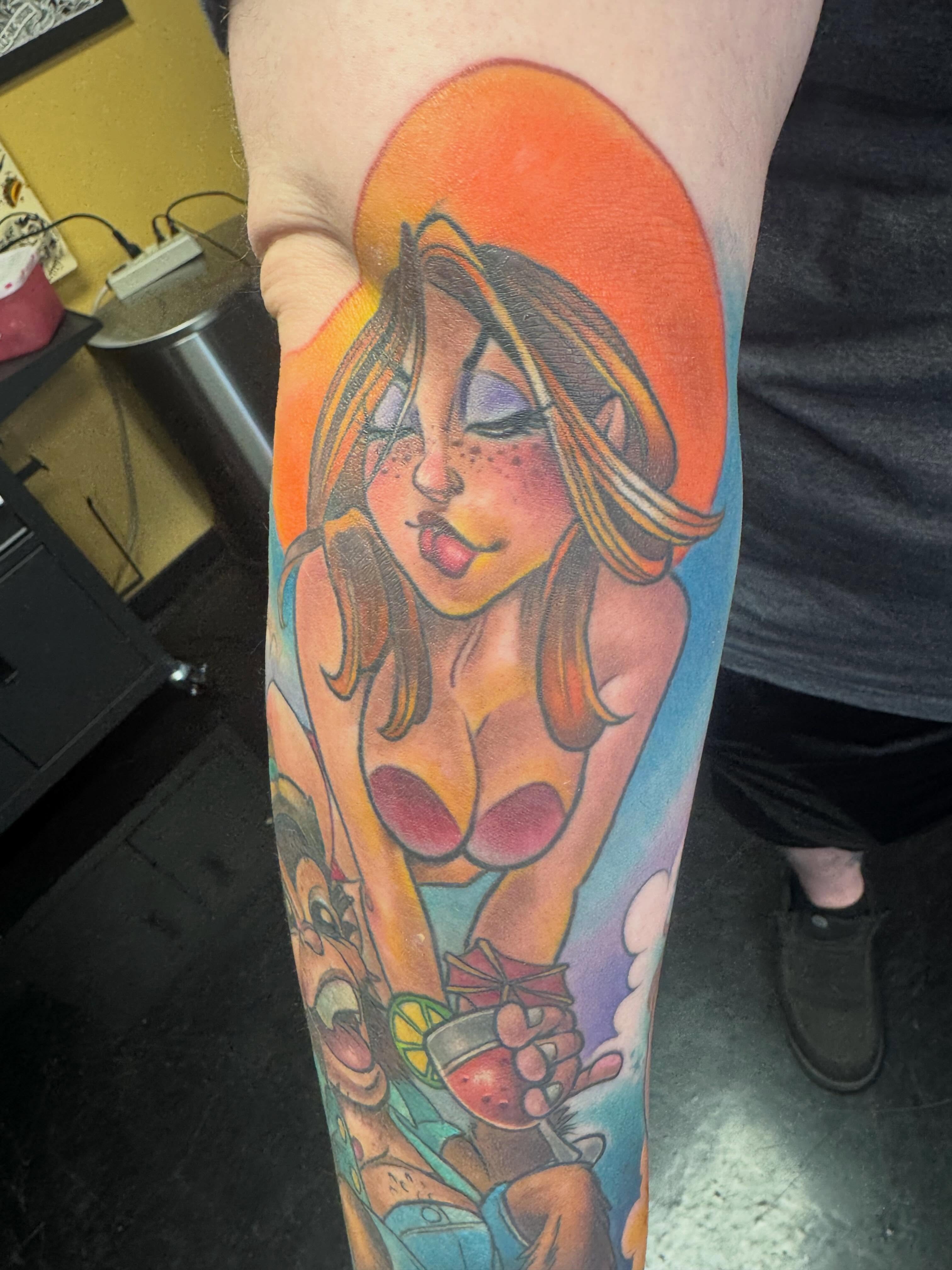Beach girl new school tattoo on the forearm by Joe Capobianco, New Haven, Connecticut