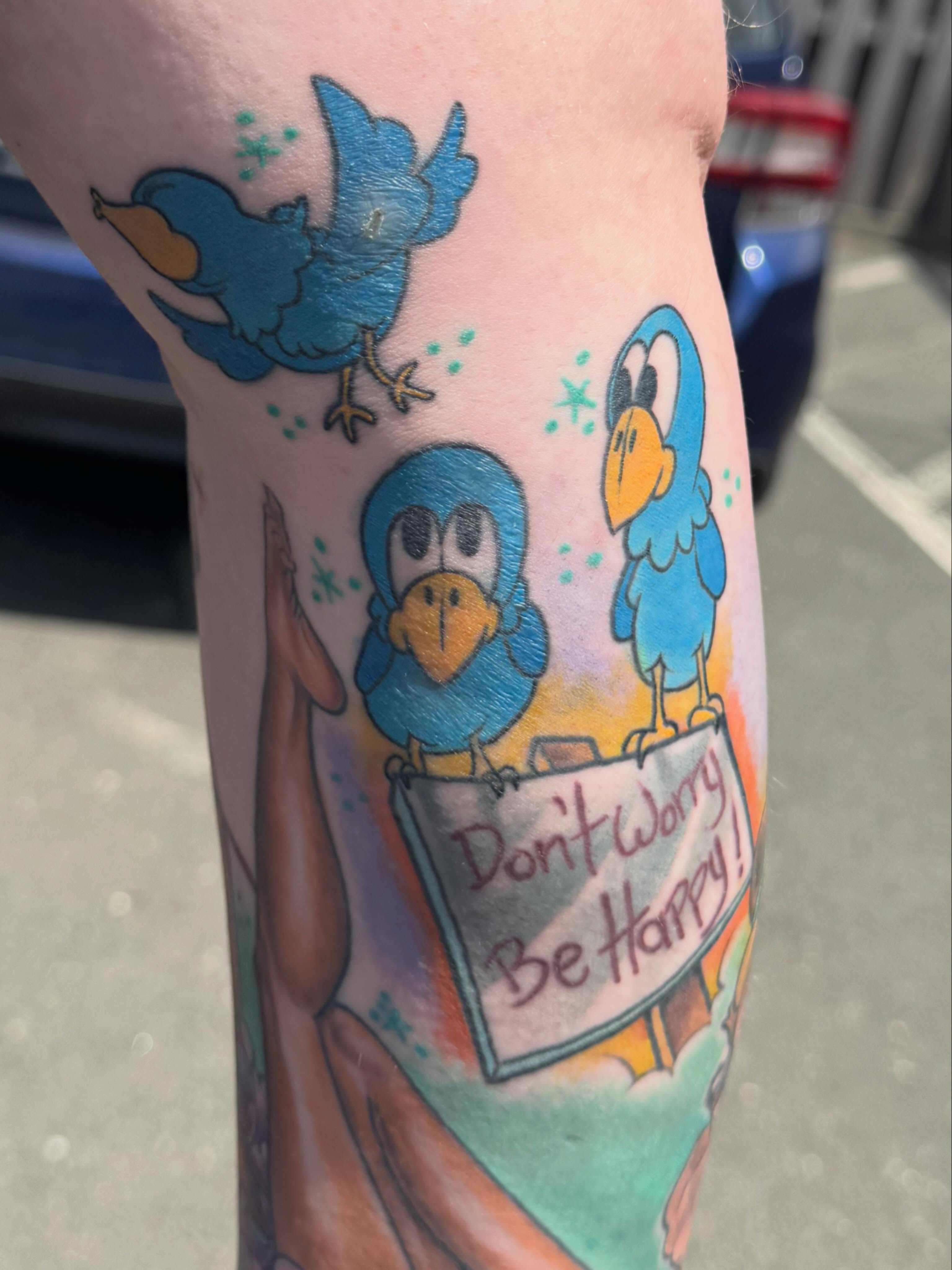 Birds and sign new school tattoo on the forearm by Joe Capobianco, New Haven, Connecticut