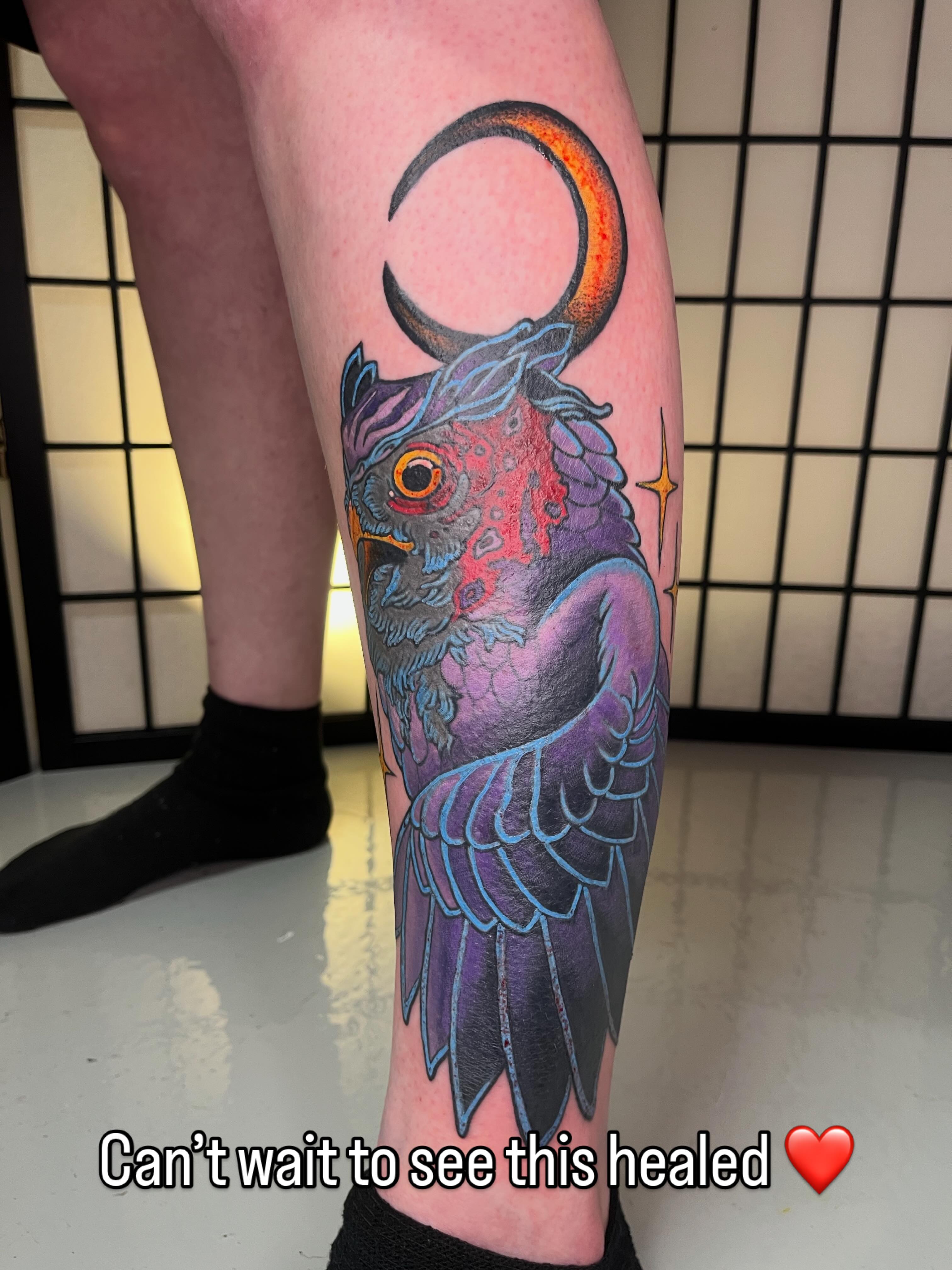 Owl with crescent moon neo-traditional tattoo on the calf by Lauryn Dunkle