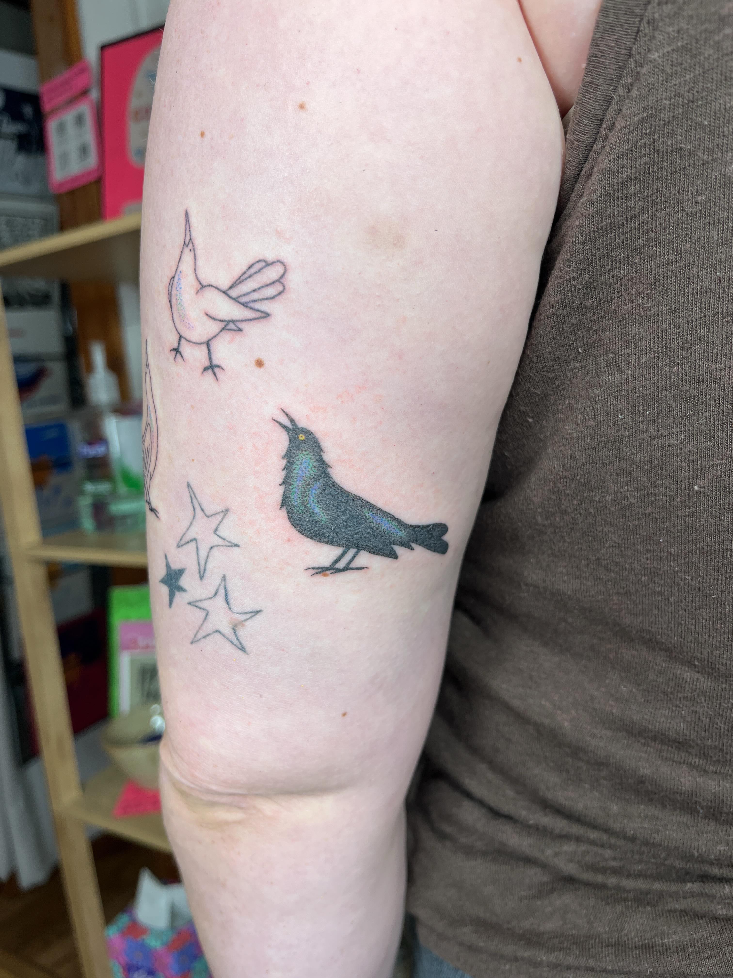 Birds and stars realism tattoo on the forearm by natalie