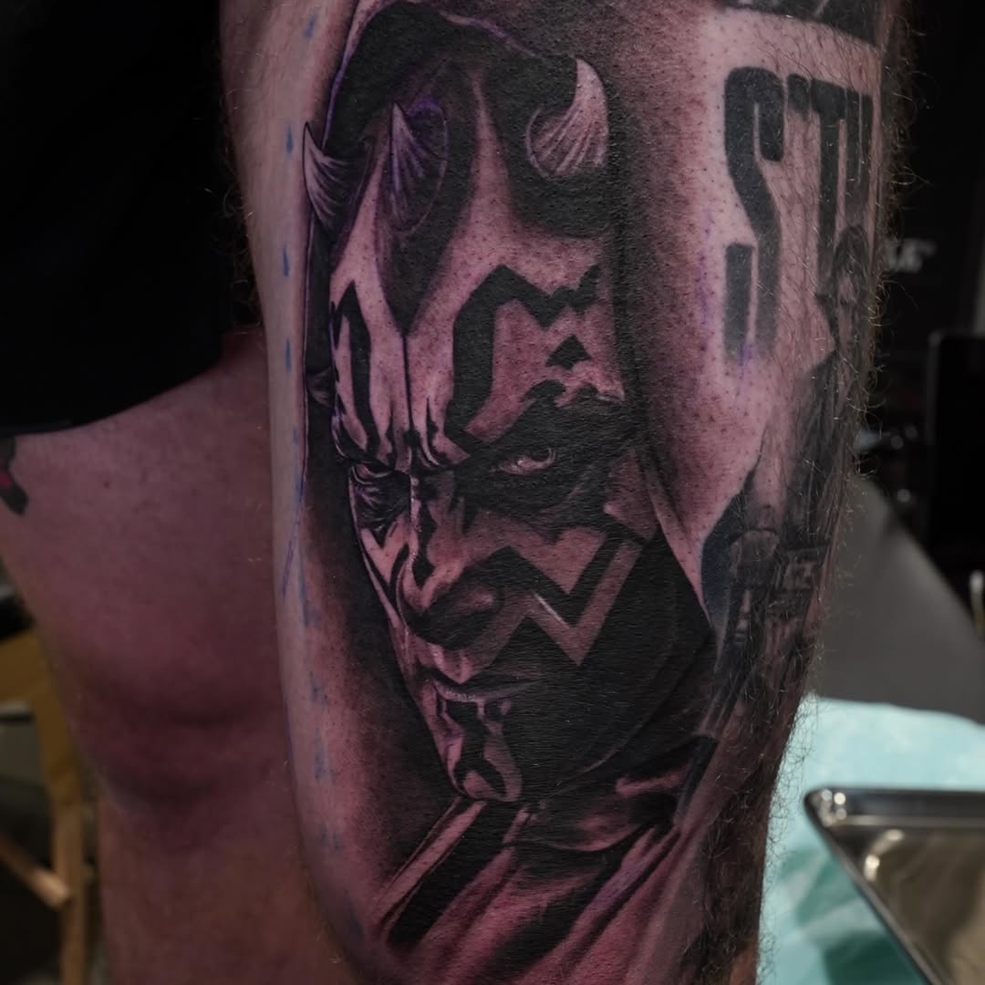 Darth Maul portrait realism tattoo on the forearm by Erick Satchell II