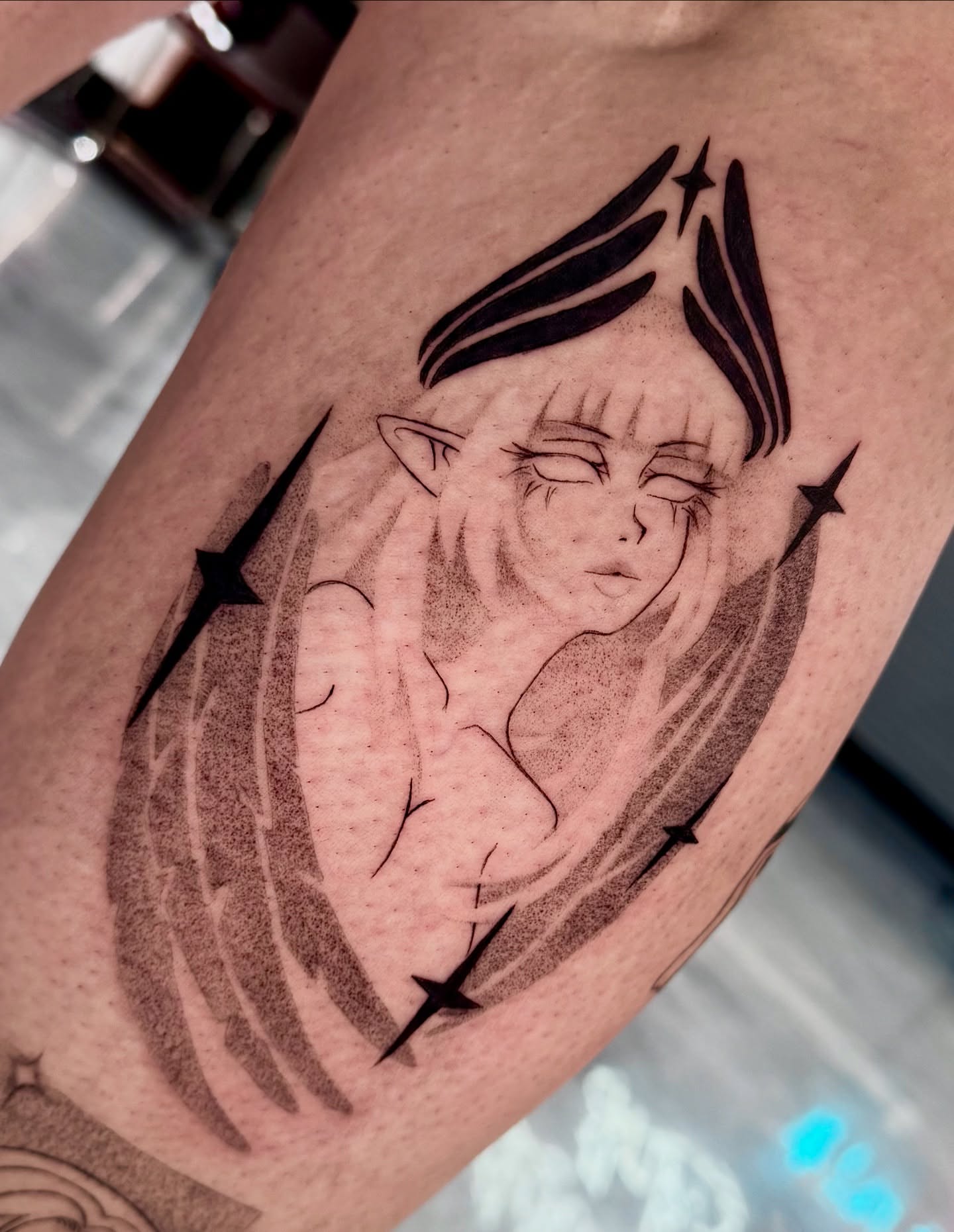 Tattoo by @keybluetattoo — dotwork, anime