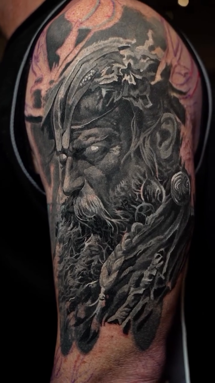 Viking warrior portrait realism tattoo by Slava Bodrov
