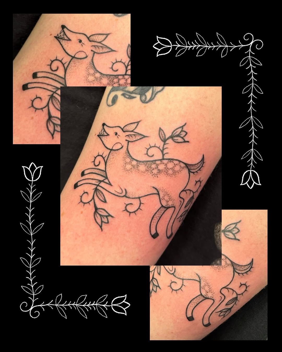 Deer with flowers fine line tattoo on the forearm by ꧁꧁Hayley꧂꧂