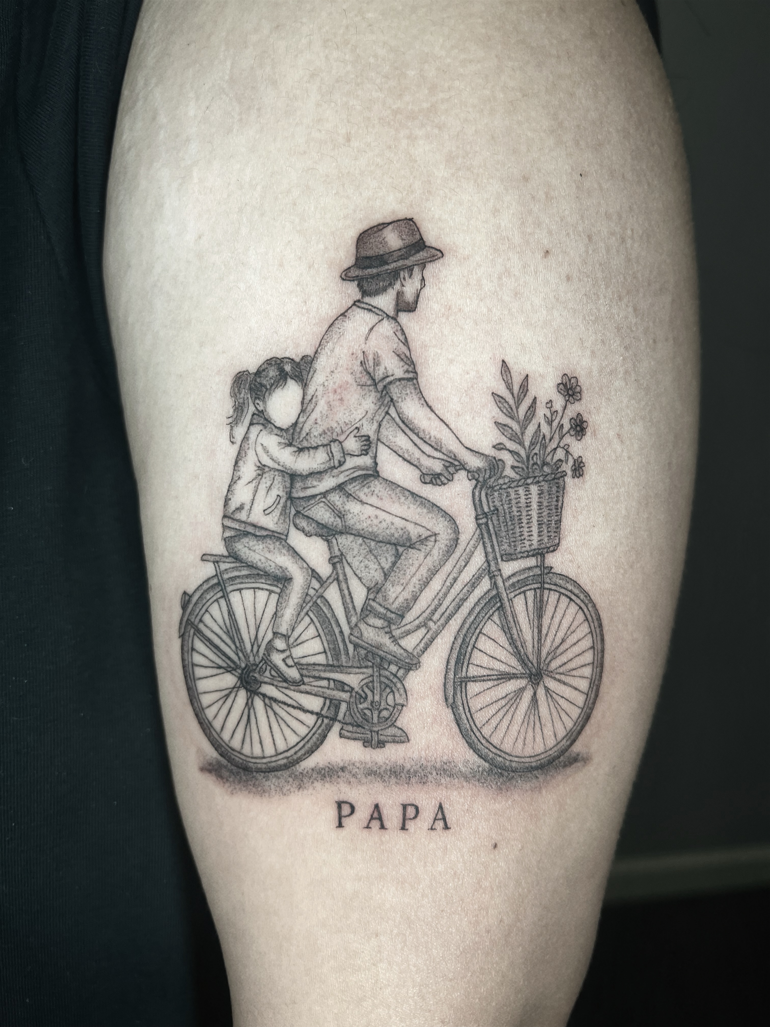 Father and daughter on bicycle realism tattoo on the thigh by ๐ฆ๐๐๐ก ๐ฆ๐๐๐