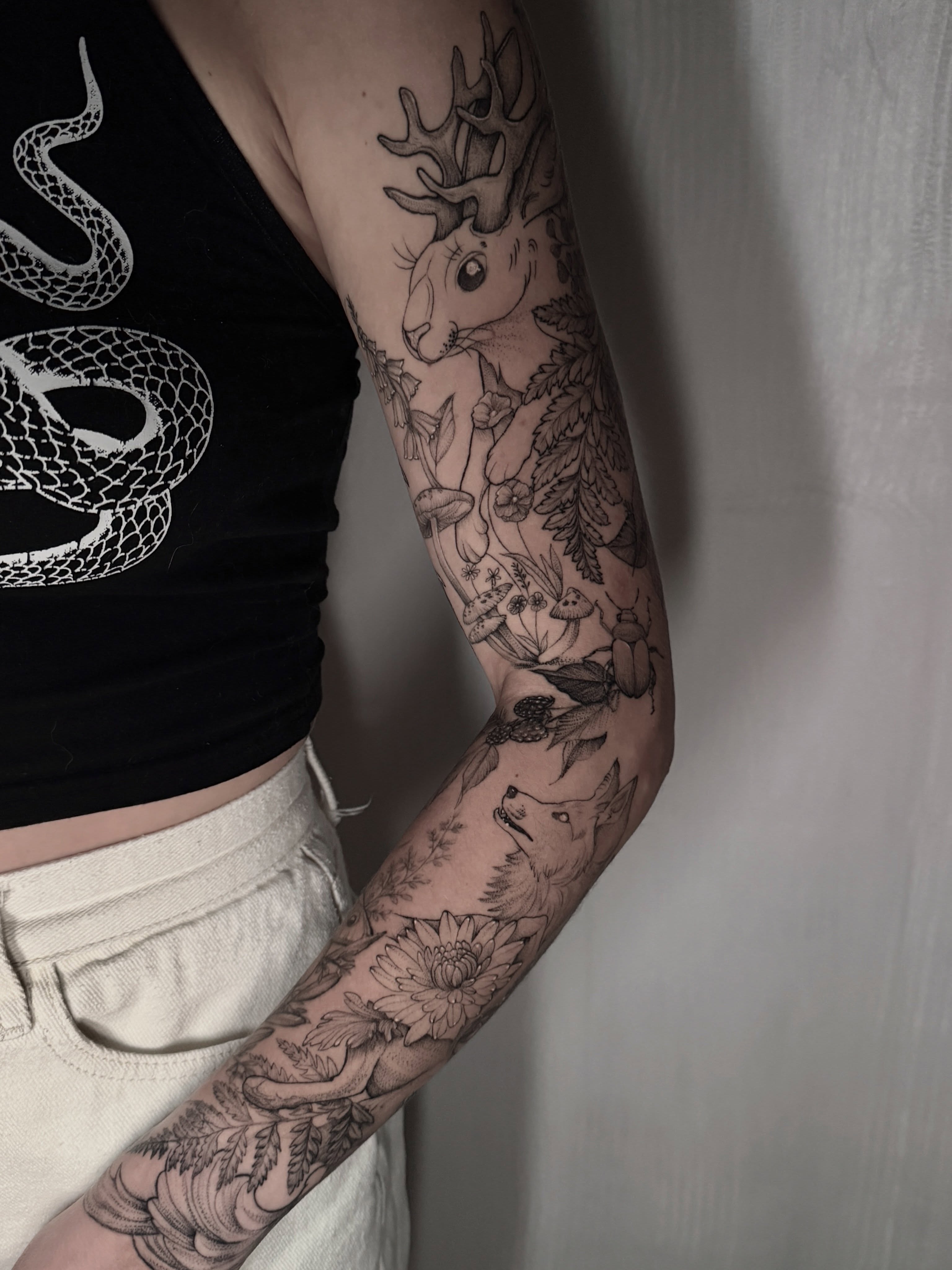 Deer and forest realism tattoo on the forearm by Tattoos by Robyn Pallotta, Austin, Texas