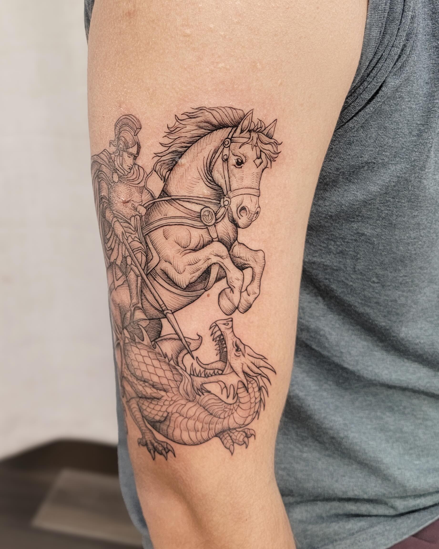 Horse and dragon realism tattoo on the forearm by Koko