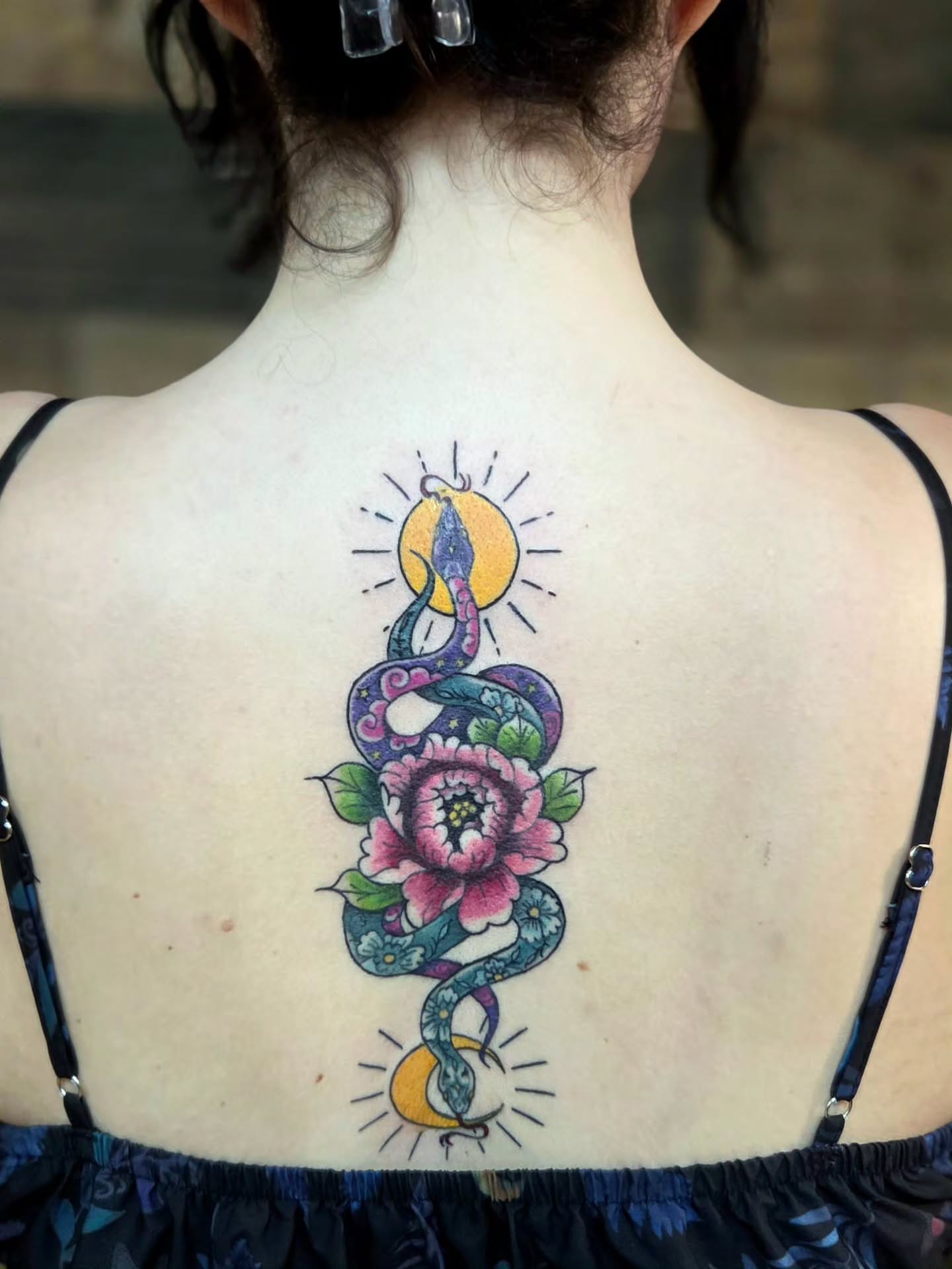 Snake and peony new school tattoo on the back by Courtney, Lakewood, Ohio