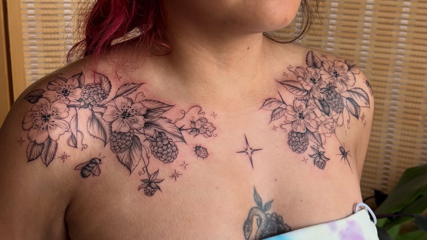 Floral arrangement black and grey tattoo on the chest by emery ♡ slc utah tattoo artist