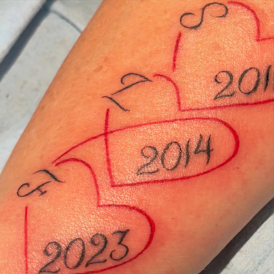 Hearts with dates minimalist tattoo on the forearm by πππ§ ππ’ππ π¨ πππππ¨π¨π¬