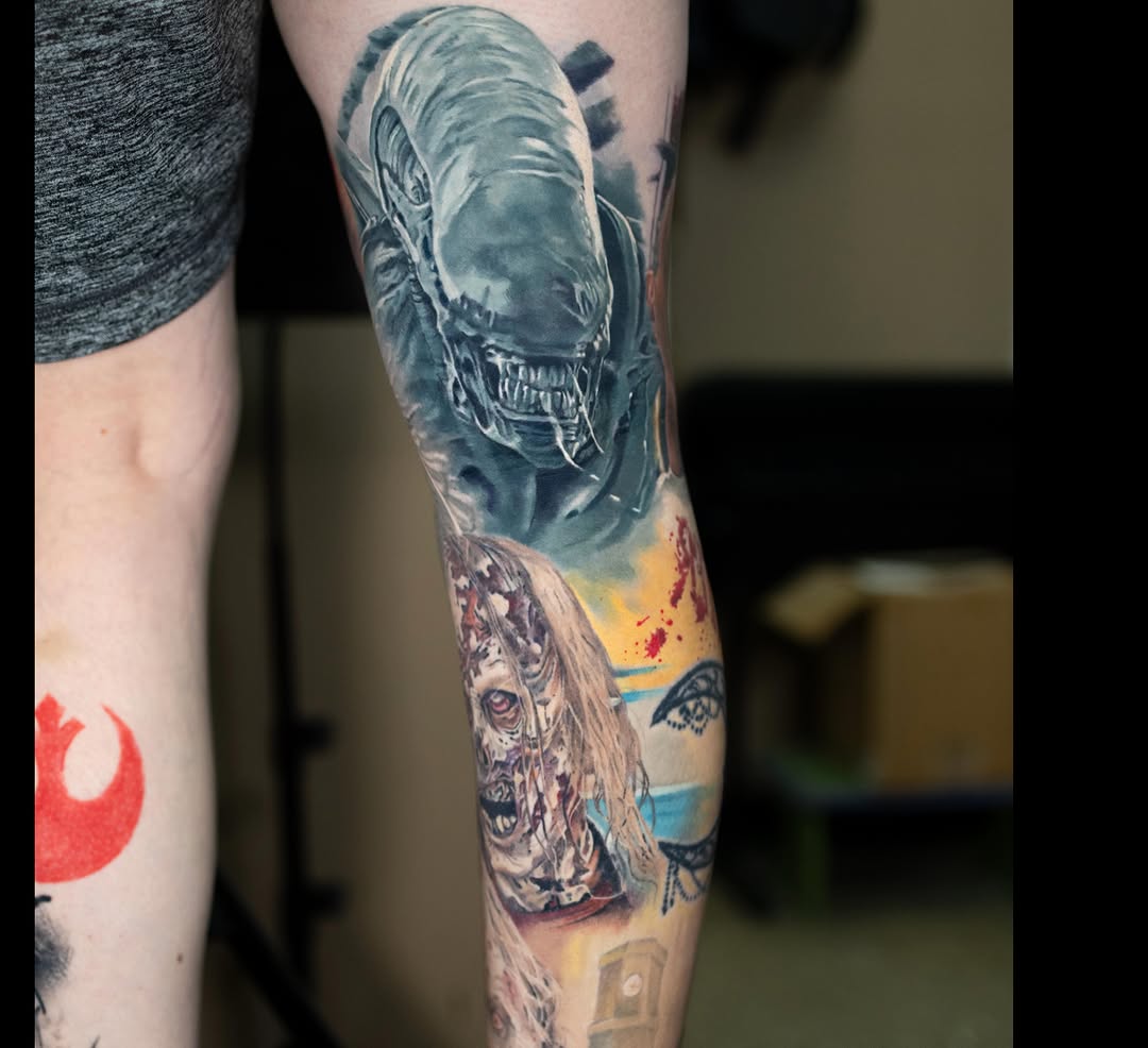 Alien and zombie horror movie characters realism tattoo on the forearm by Realistic tattoos in Minneapolis, MN, Minneapolis, Minnesota