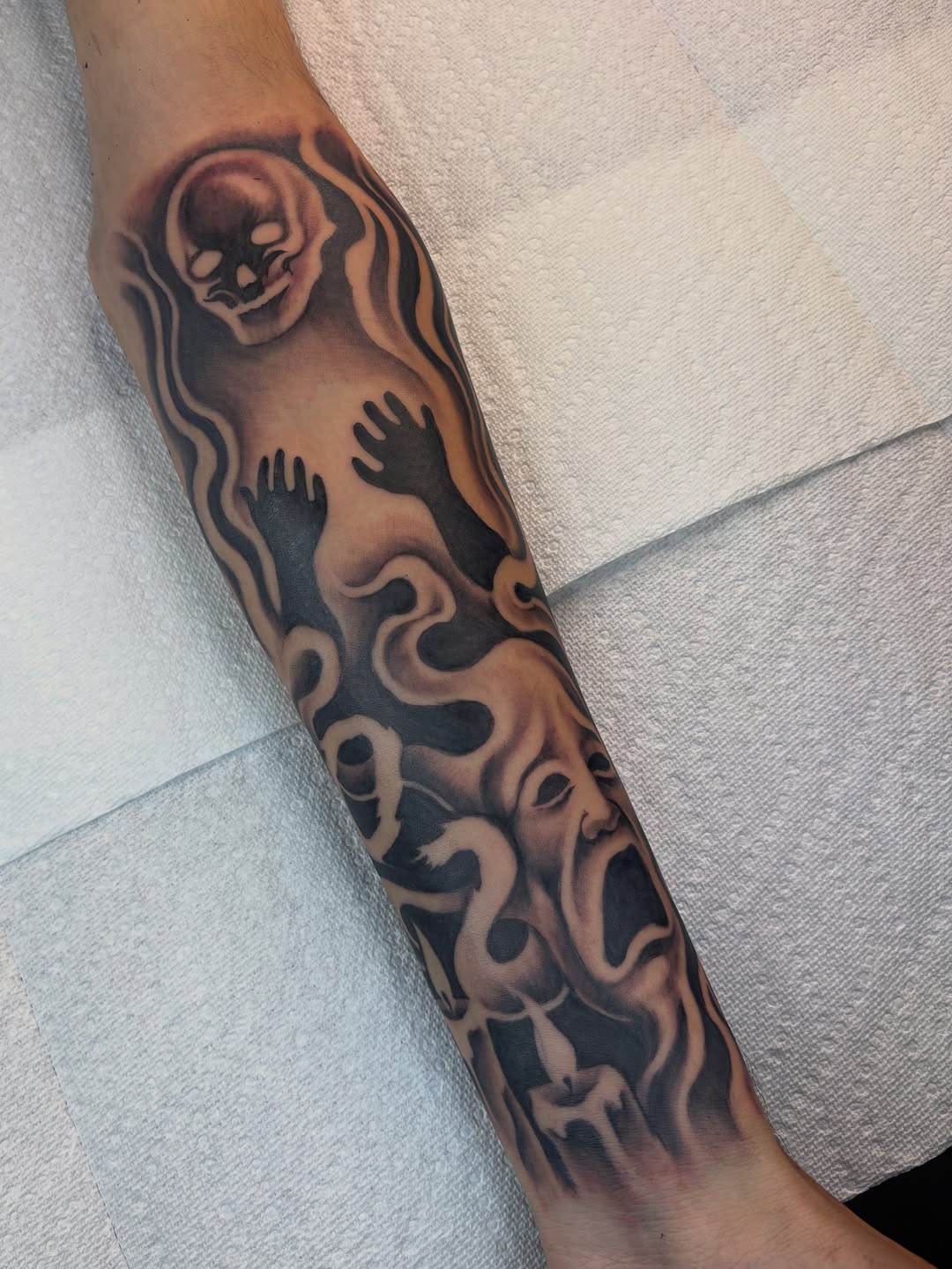 Tattoo by @10ktop_ink — black_and_grey, dark_realism