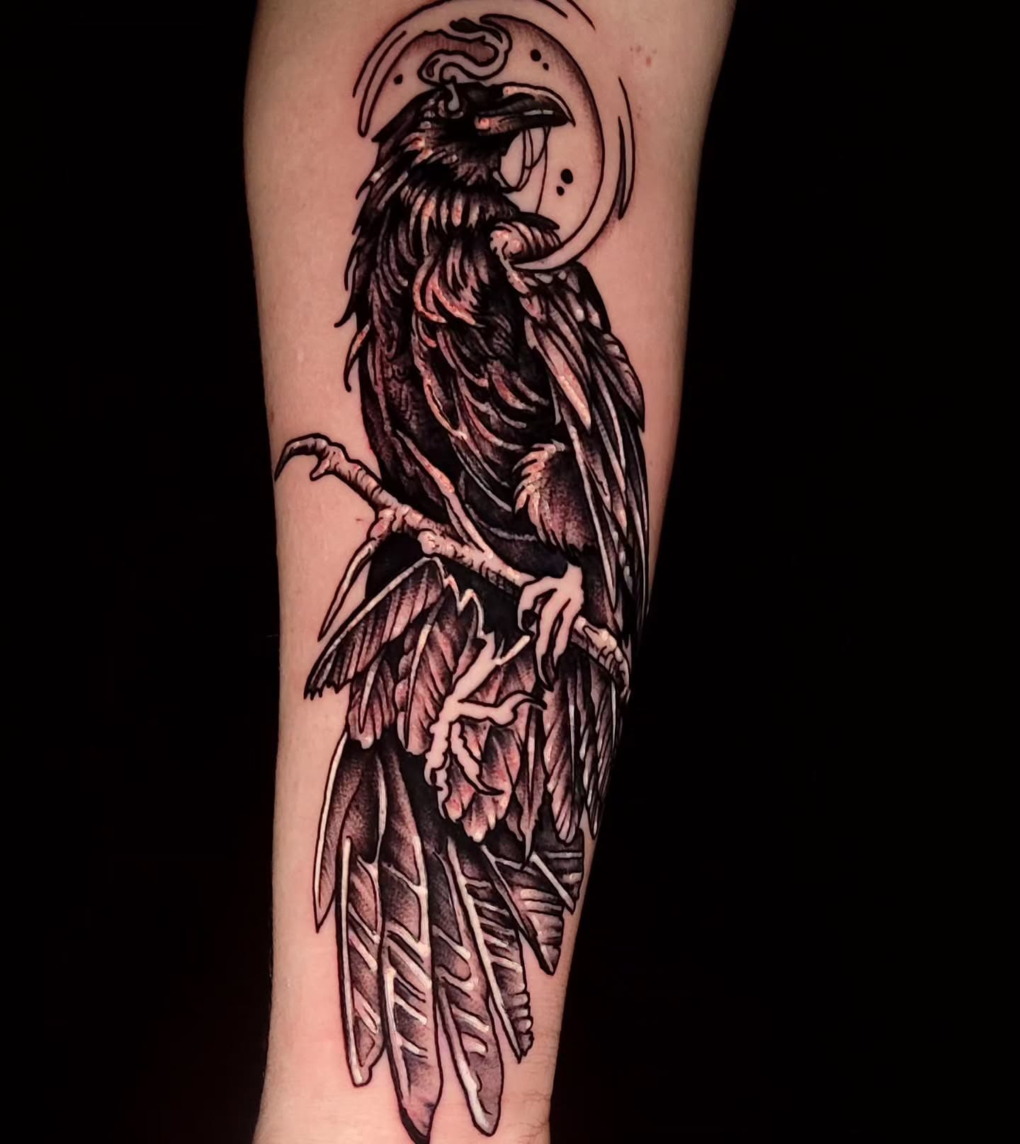 Crow black and grey tattoo on the forearm by Tyler Monty