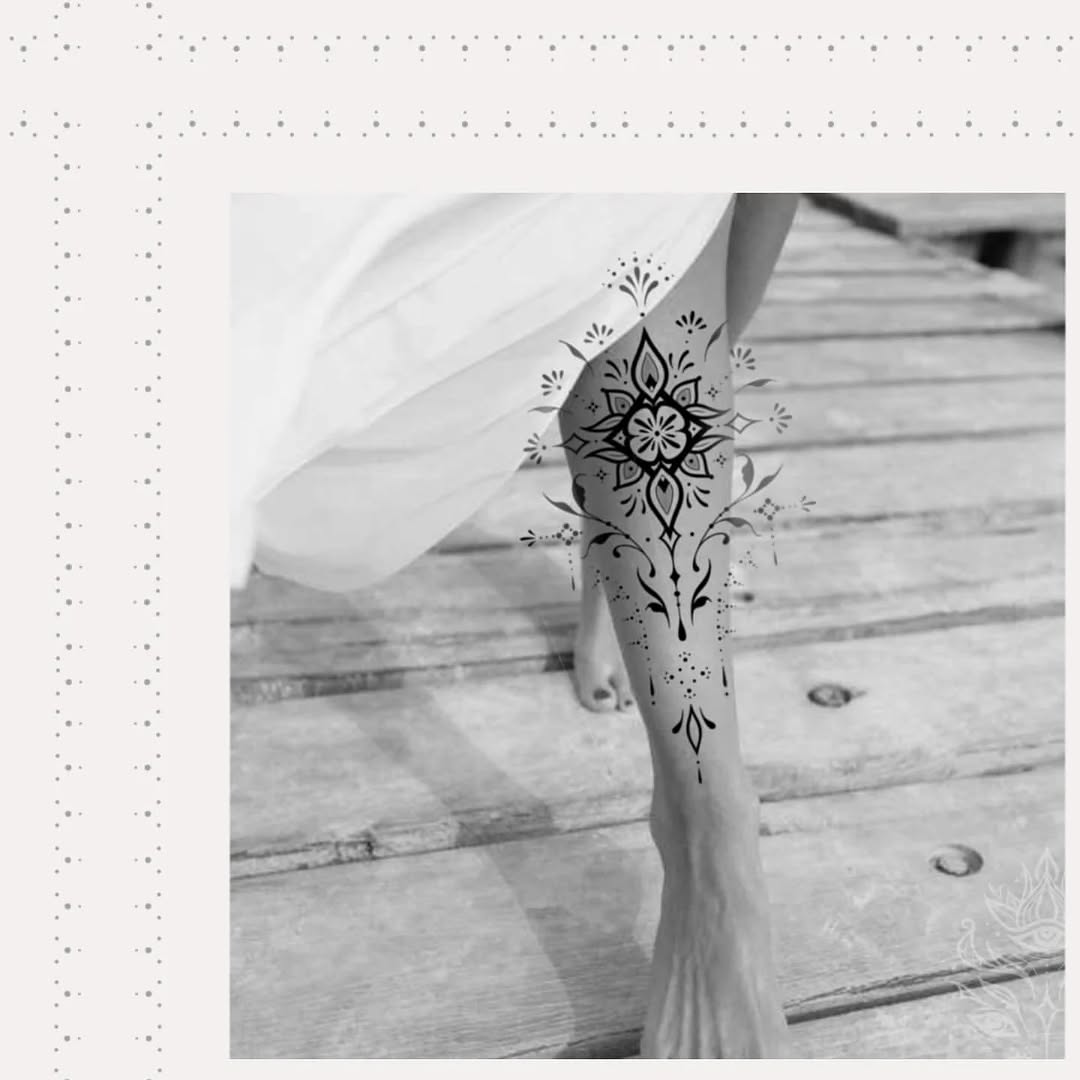 Mandala leg tattoo ornamental tattoo on the leg by Nils Bashirian