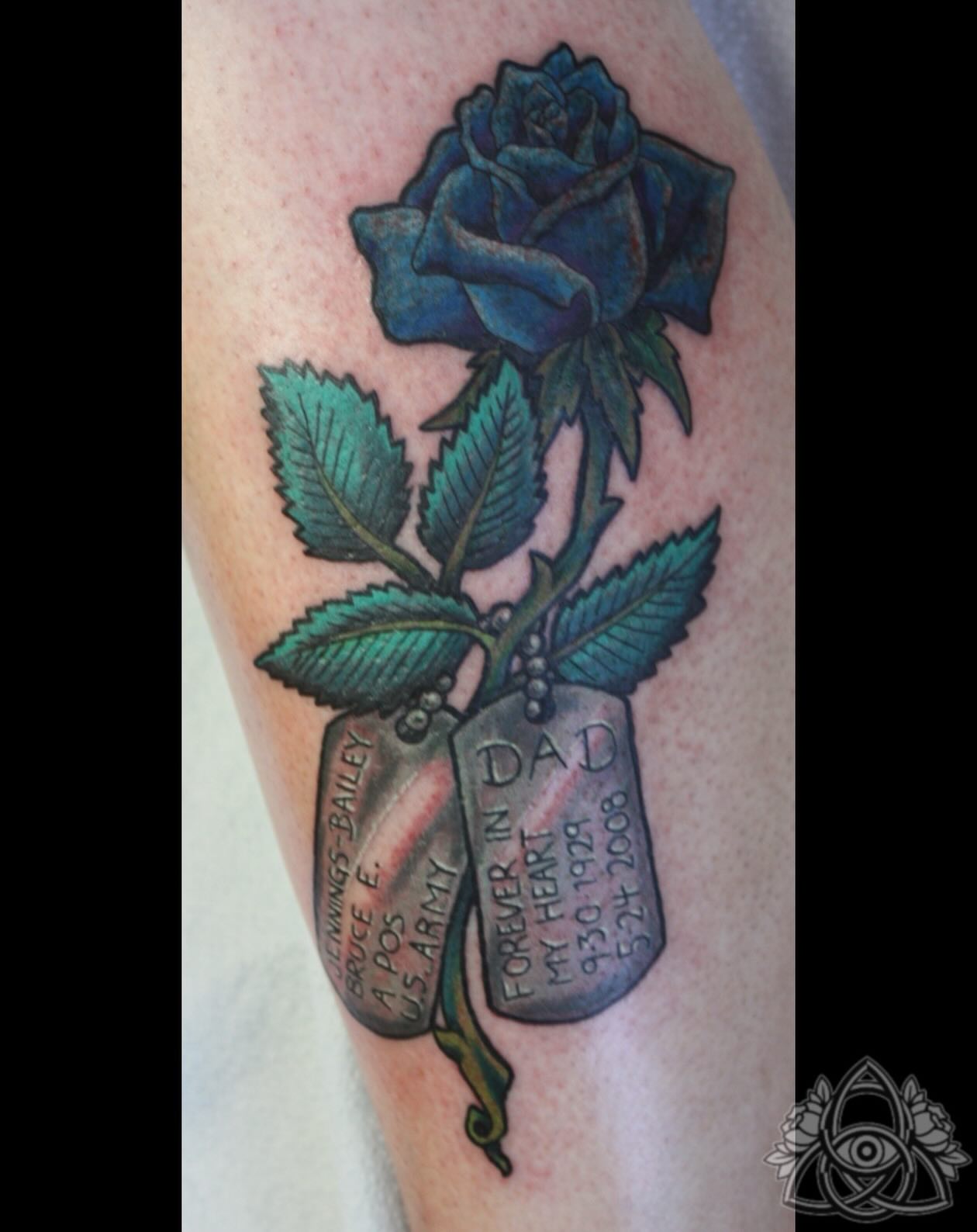 Blue rose with dog tags realism tattoo on the forearm by Michael - Tattoo Garden Everett, Everett, Washington