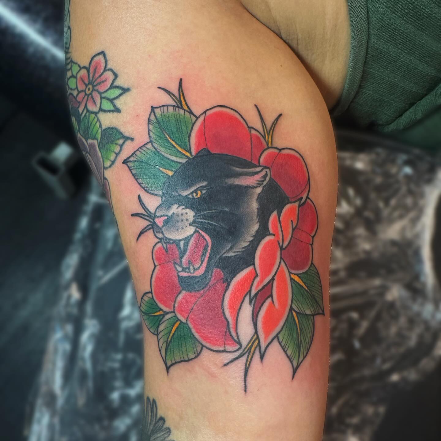 Panther and roses American traditional tattoo on the forearm by Kelsey 🖤 Tattoo Artist, Waterford Township