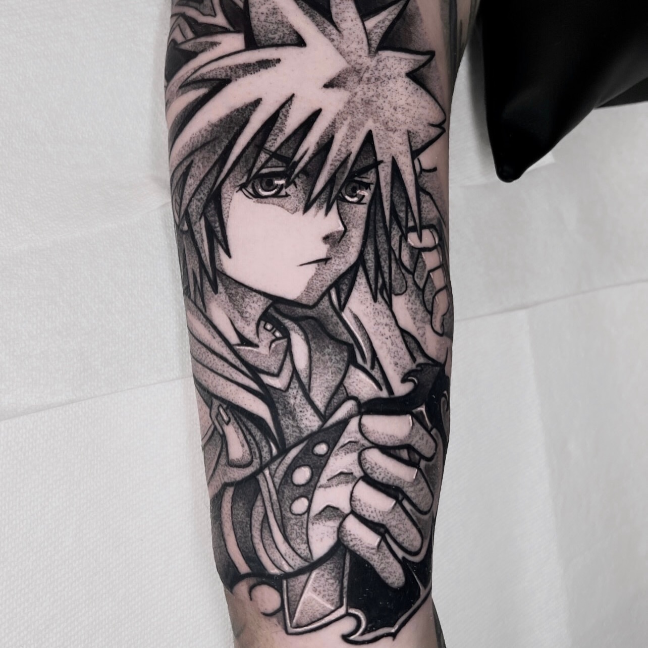 Anime character dotwork tattoo on the forearm by David Carras-pol, Miramar, Florida