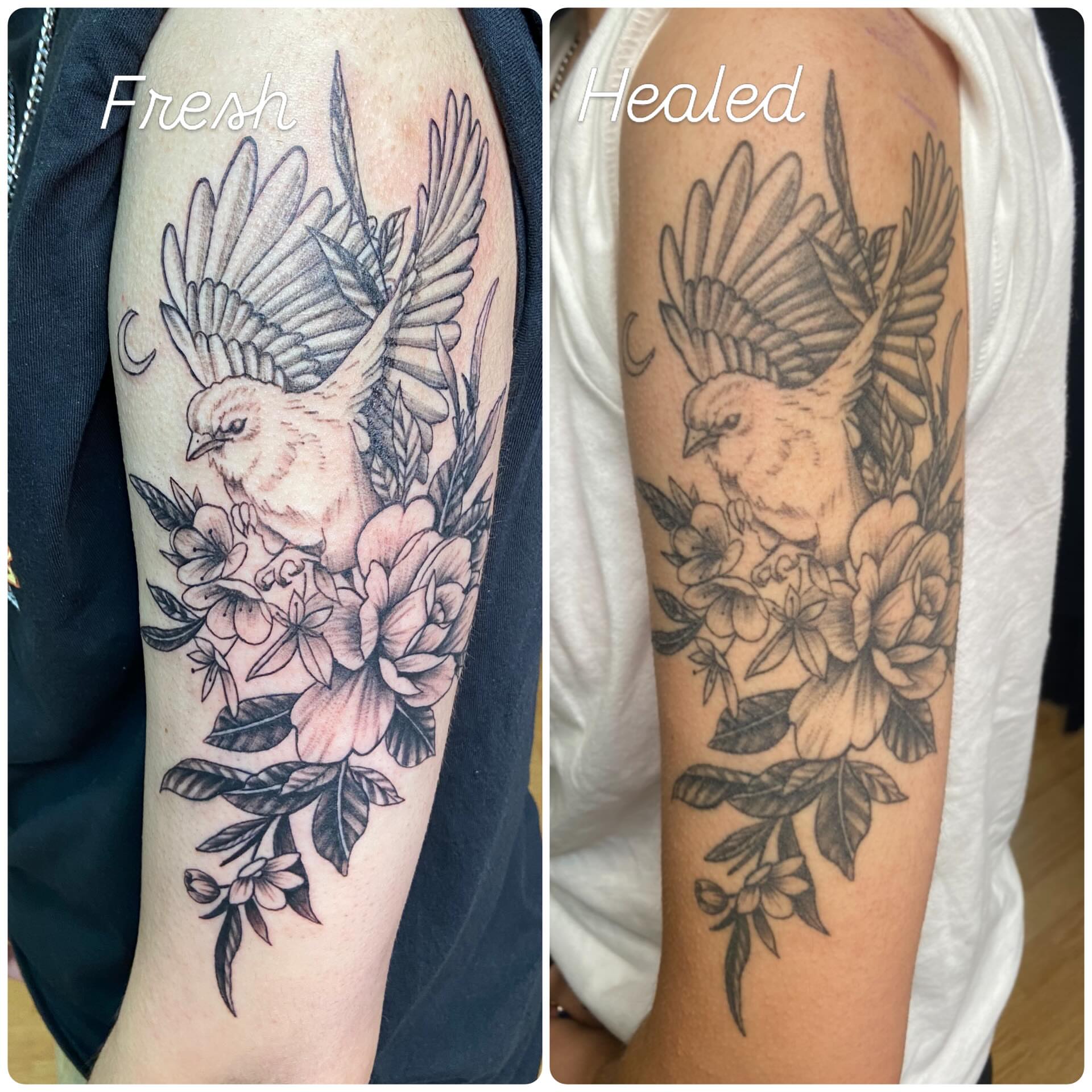 Bird and flowers black and grey tattoo on the forearm by ~KR¥$~