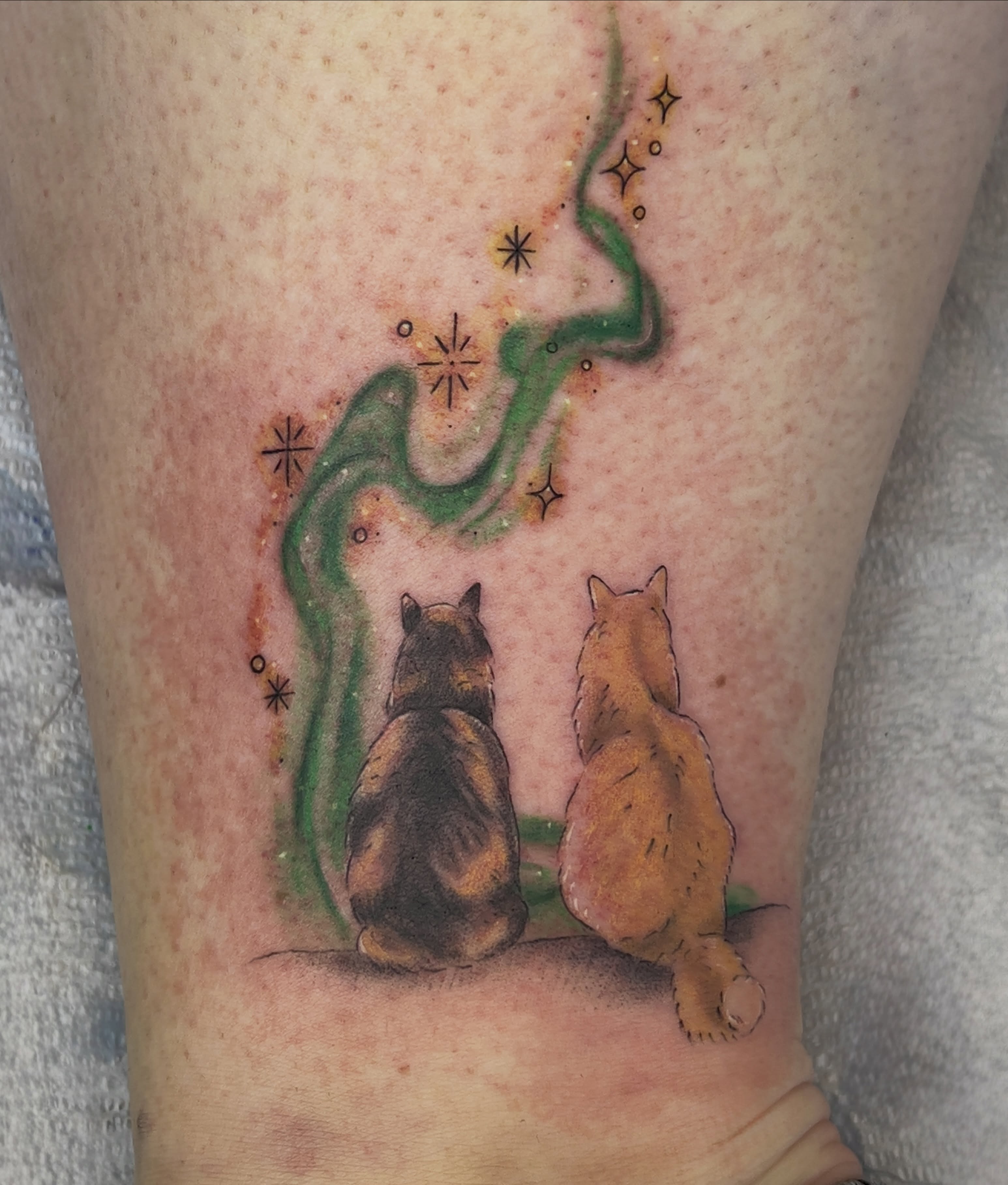 Two cats and green smoke dotwork tattoo on the forearm by Charlotte (Luna), Seattle, Washington