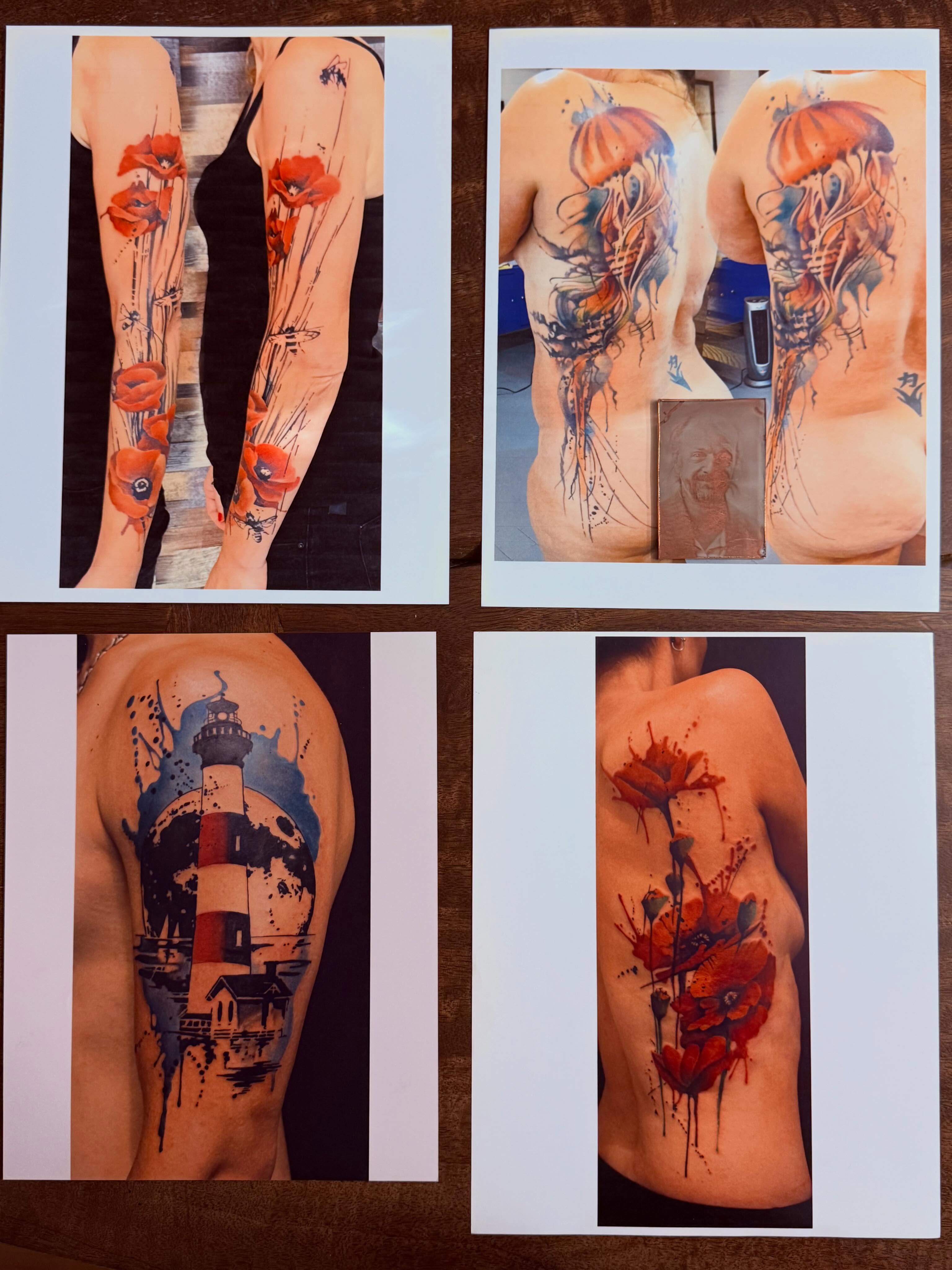 Poppy flowers watercolor tattoo on the upper arm by Gene Coffey, New York, New York
