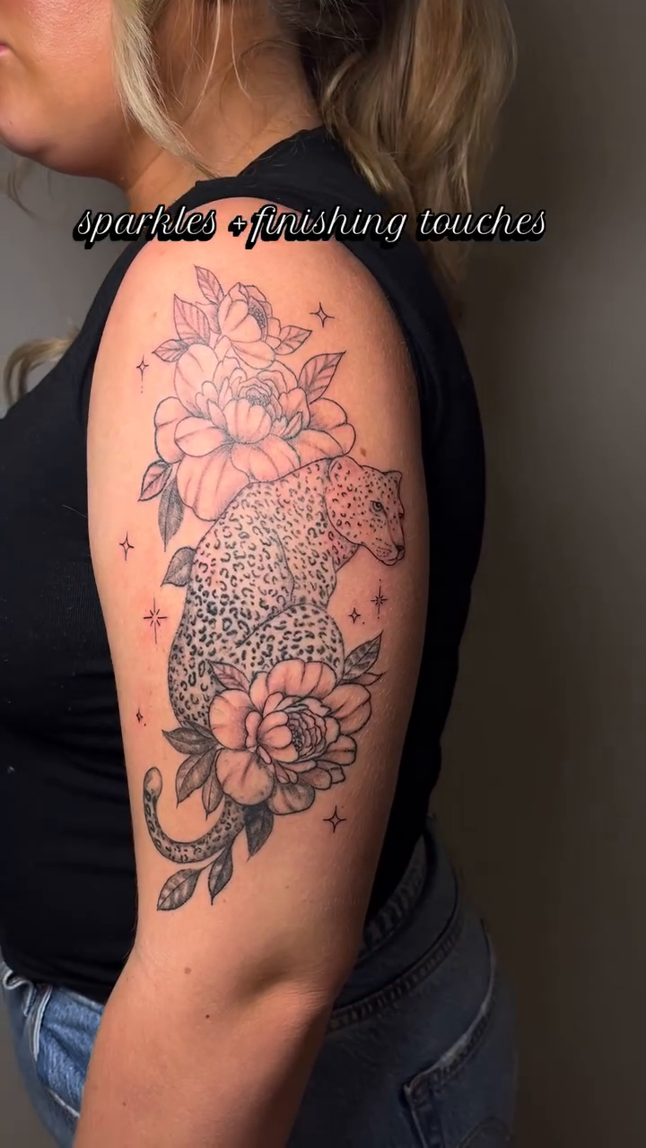 Leopard and flowers tattoo ornamental tattoo on the upper arm by brinley - fine line tattoos, Crescent Springs, Kentucky