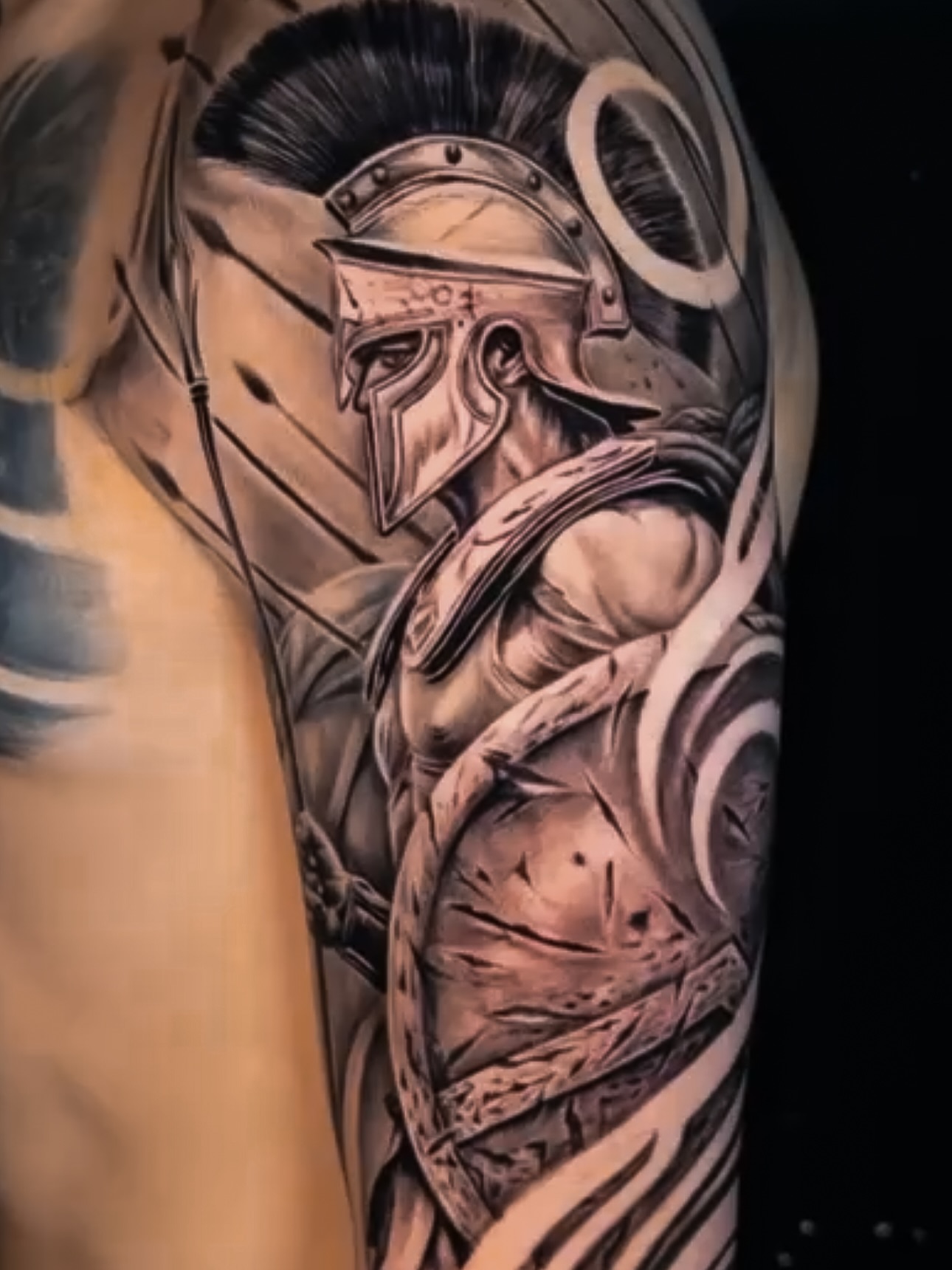 Spartan warrior realism tattoo on the forearm by Omar Sheriff Herrera